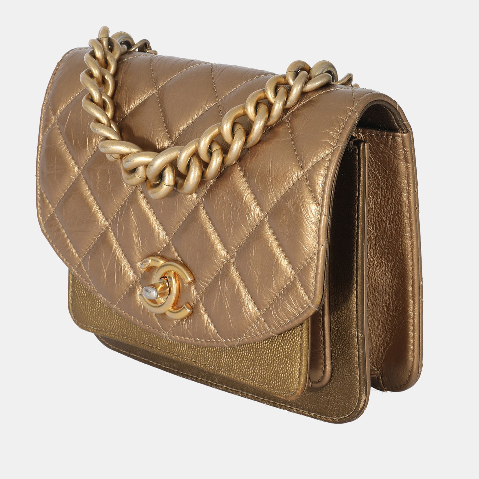 

Chanel Gold Metallic Leather Mini Chain Handle Flap Bag