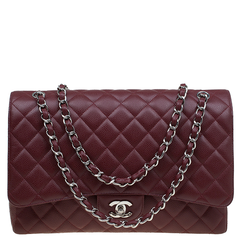 Pre Owned Chanel Burgundy Quilted Caviar Leather Maxi Classic Single Flap Bag