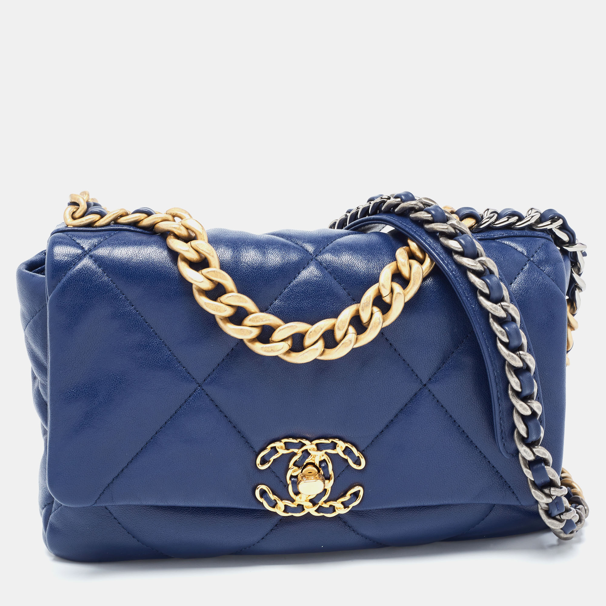 Pre-owned Chanel Blue Quilted Leather Medium 19 Flap Bag