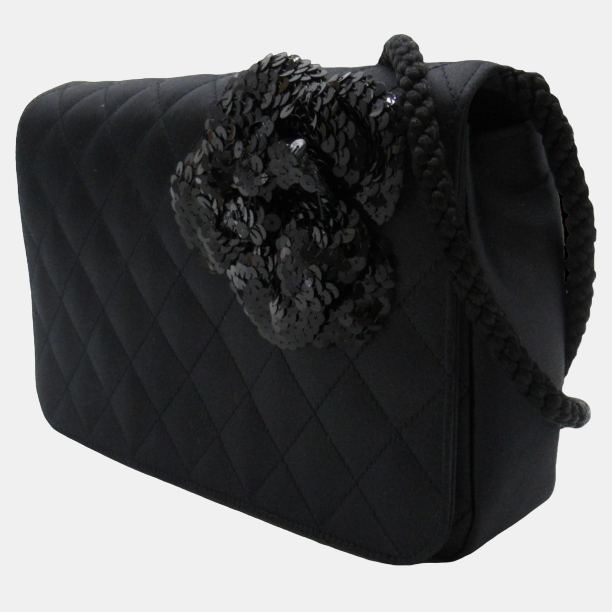 

Chanel Black Satin Camellia Flap Bag