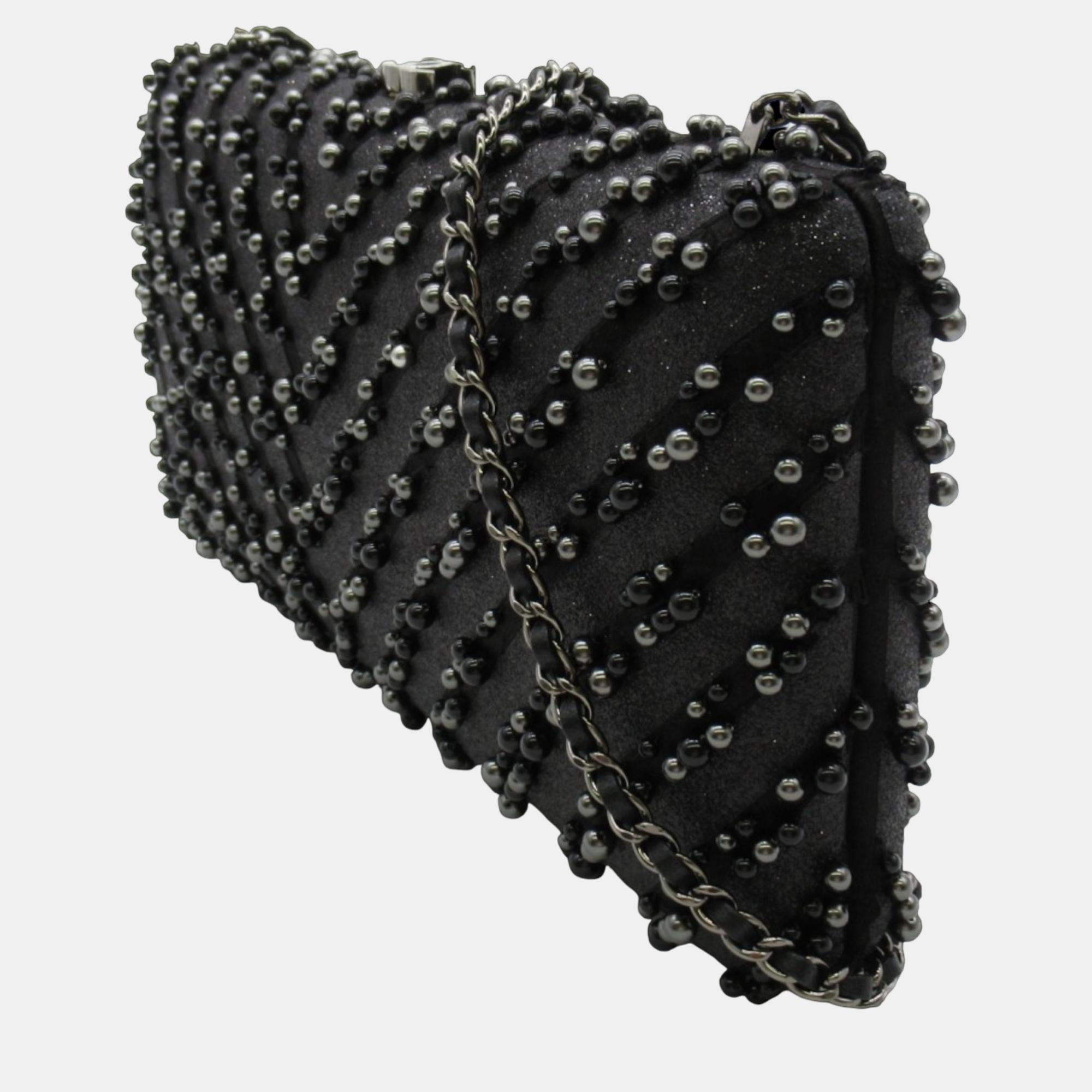 

Chanel Black Beaded Chevron Leather Clutch on Chain Clutch Bag