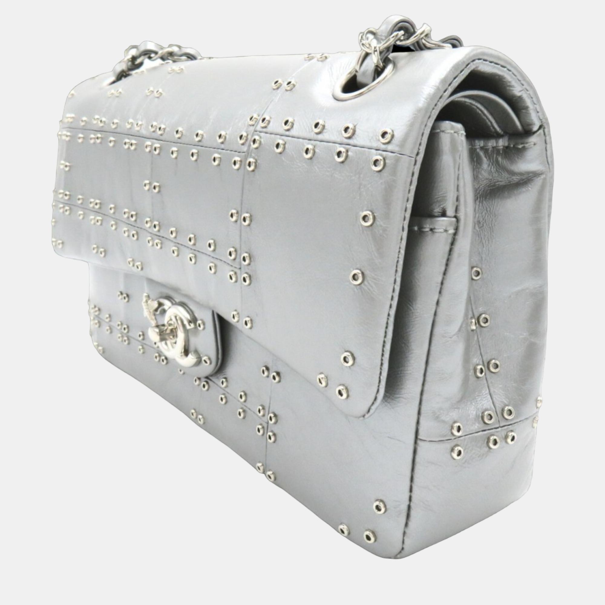 

Chanel Silver Medium Grommet Embellished Airline Double Flap Bag