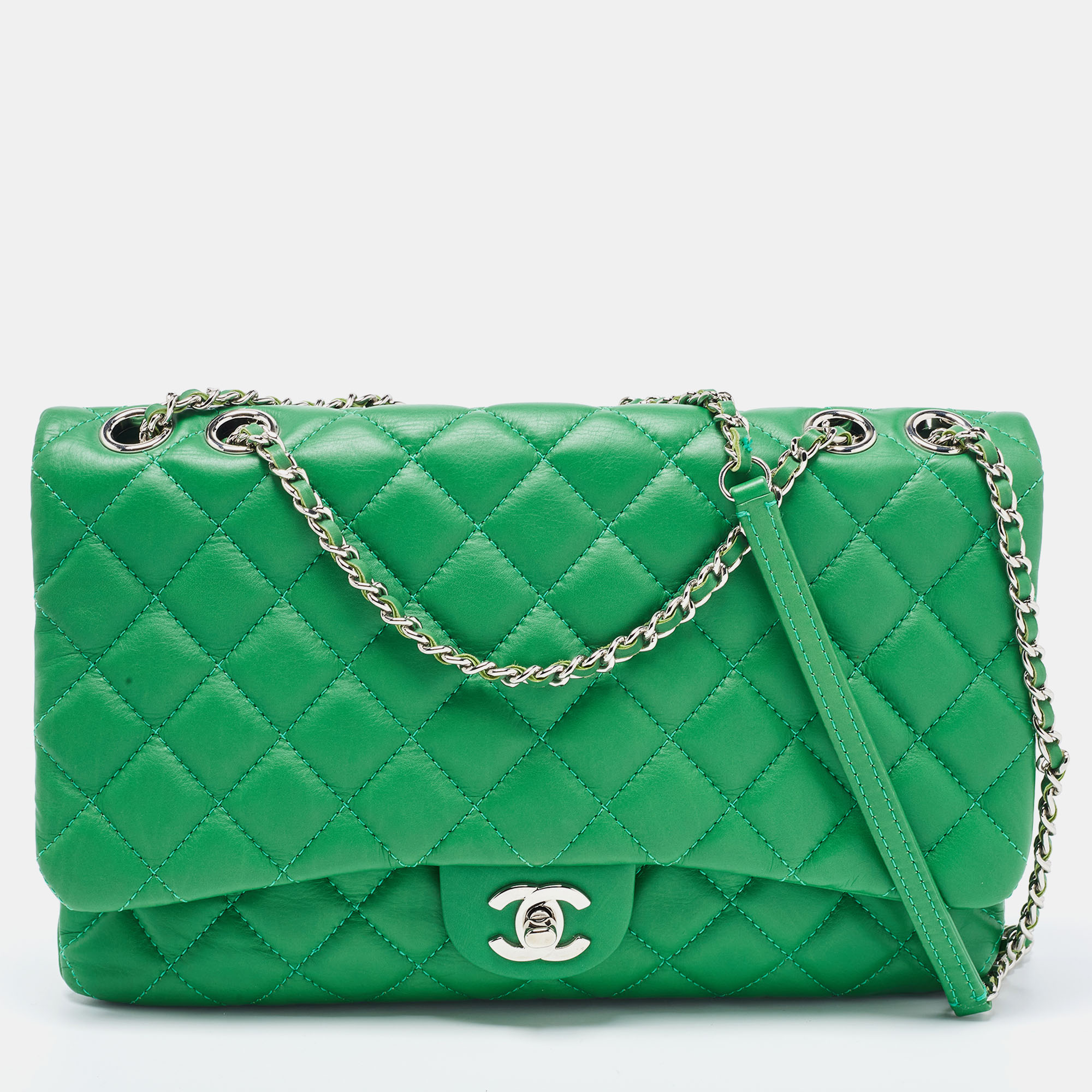 Pre-owned Chanel Green Quilted Leather 3 Compartment Classic Flap Bag