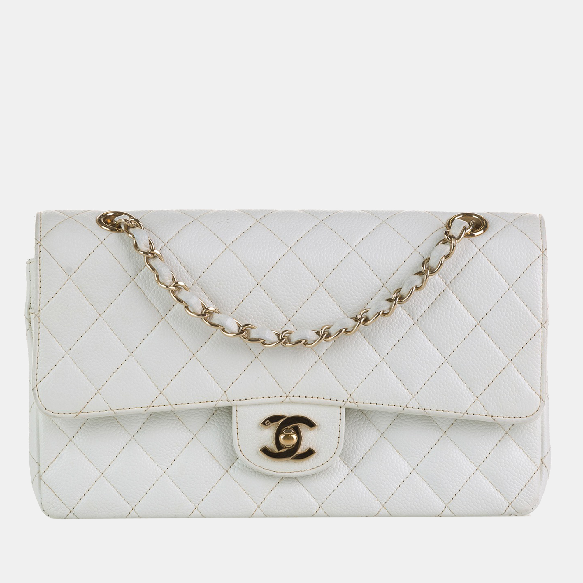 Pre-owned Chanel White Medium Classic Caviar Leather Double Flap Bag