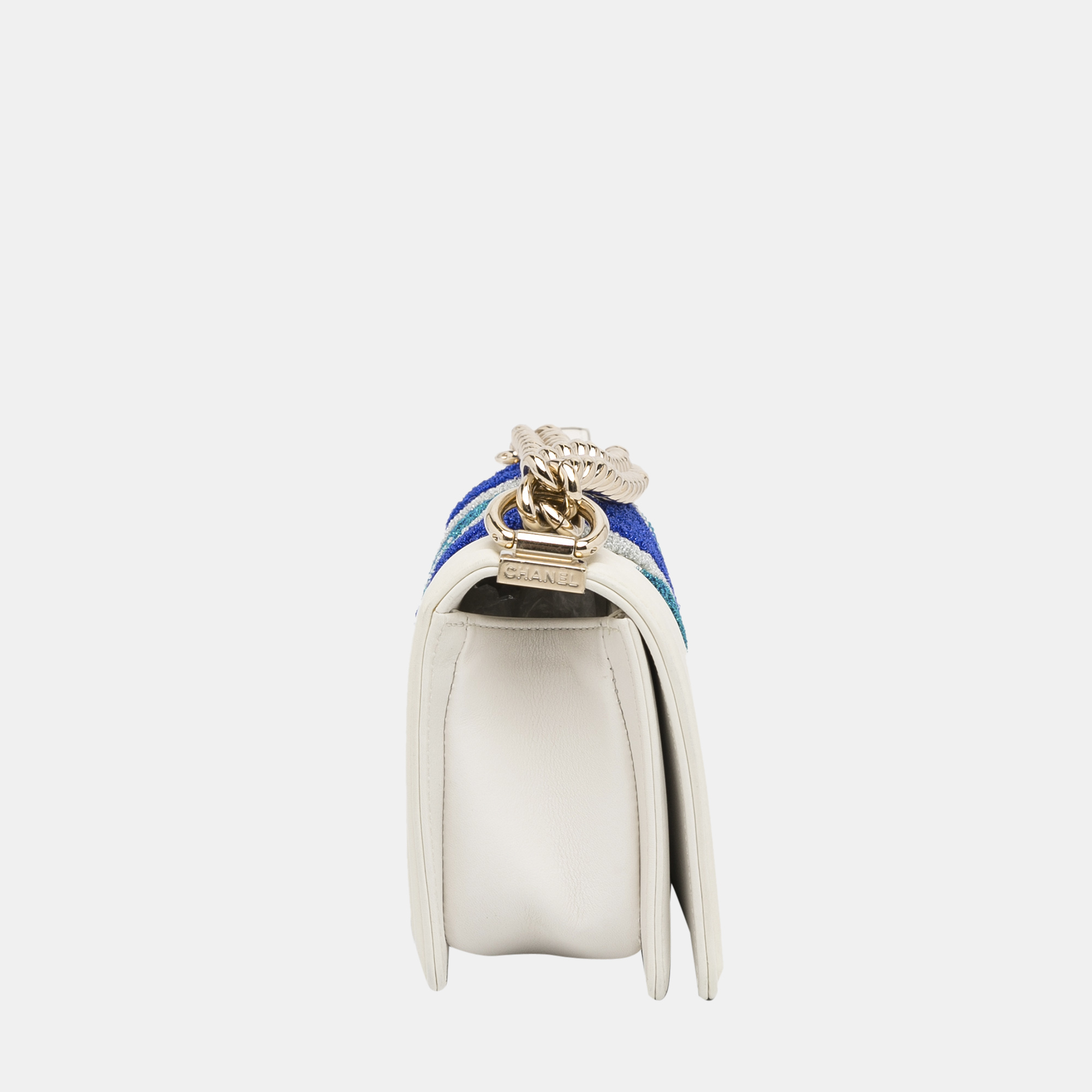 

Chanel White Small Boy Embroidered Lurex Chevron Bag