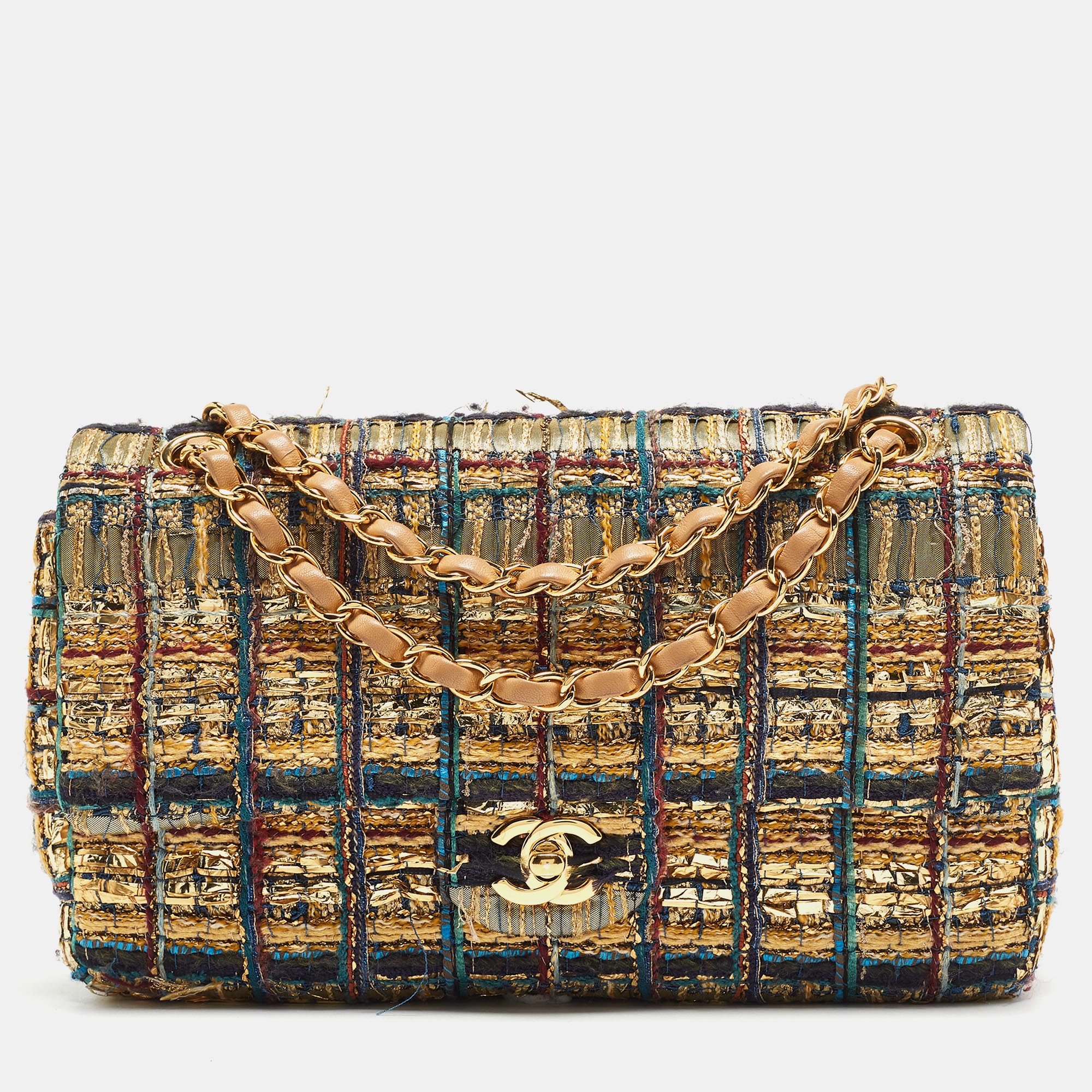 Pre Owned Chanel Multicolor Tweed and Leather Medium Classic Double Flap Bag
