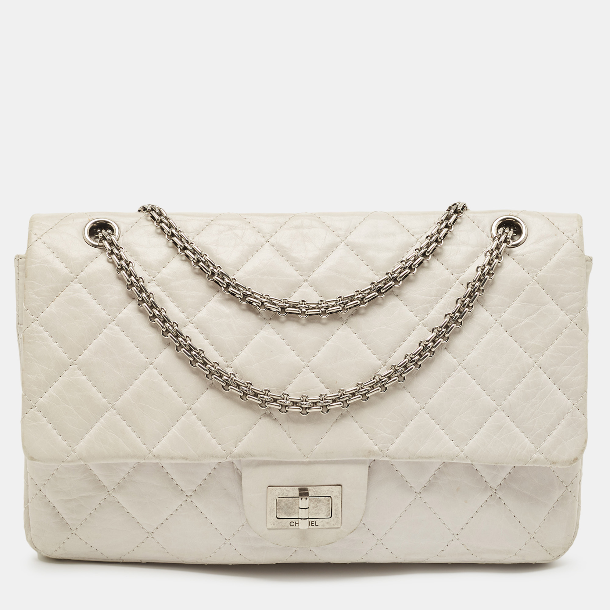 Pre-owned Chanel White Quilted Aged Leather Reissue 2.55 Classic 227 Flap Bag