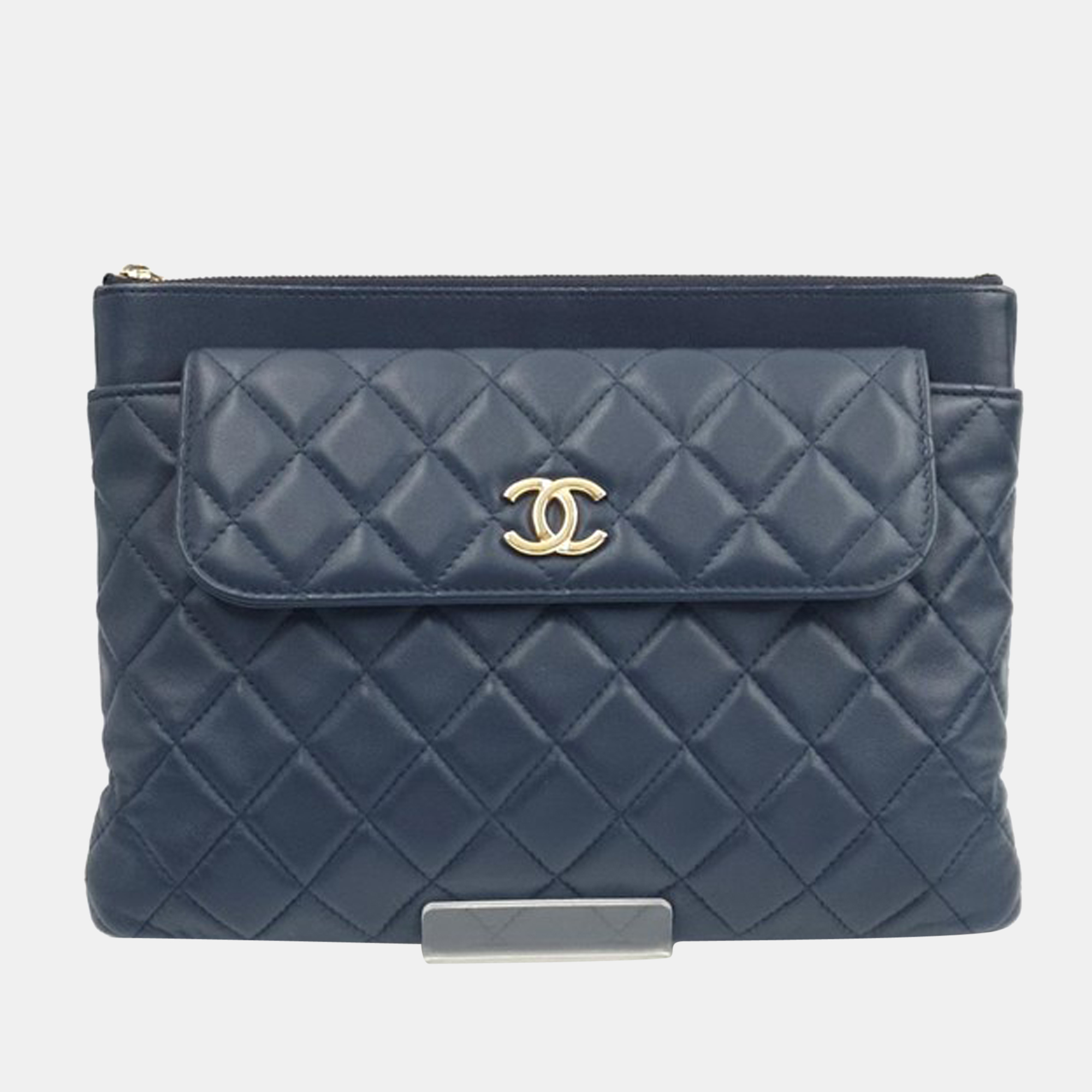 

Chanel Navy Blue Leather New Pocket Clutch Bag