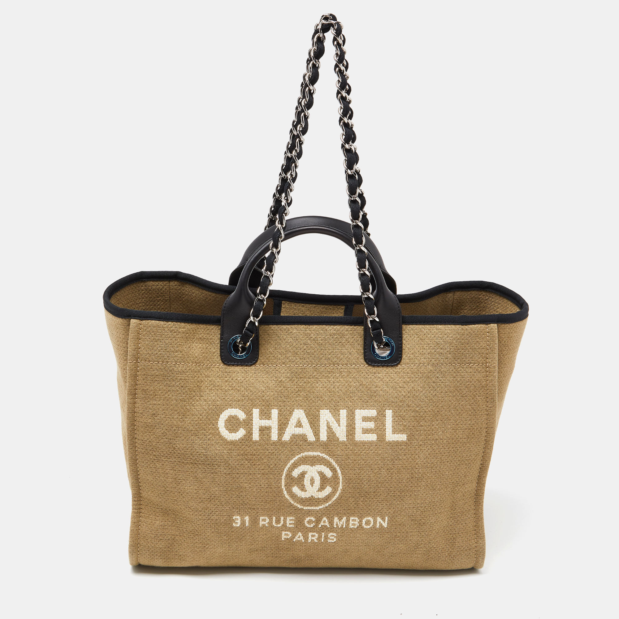 Pre-owned Chanel Beige/black Canvas And Leather Large Deauville Shopper Tote