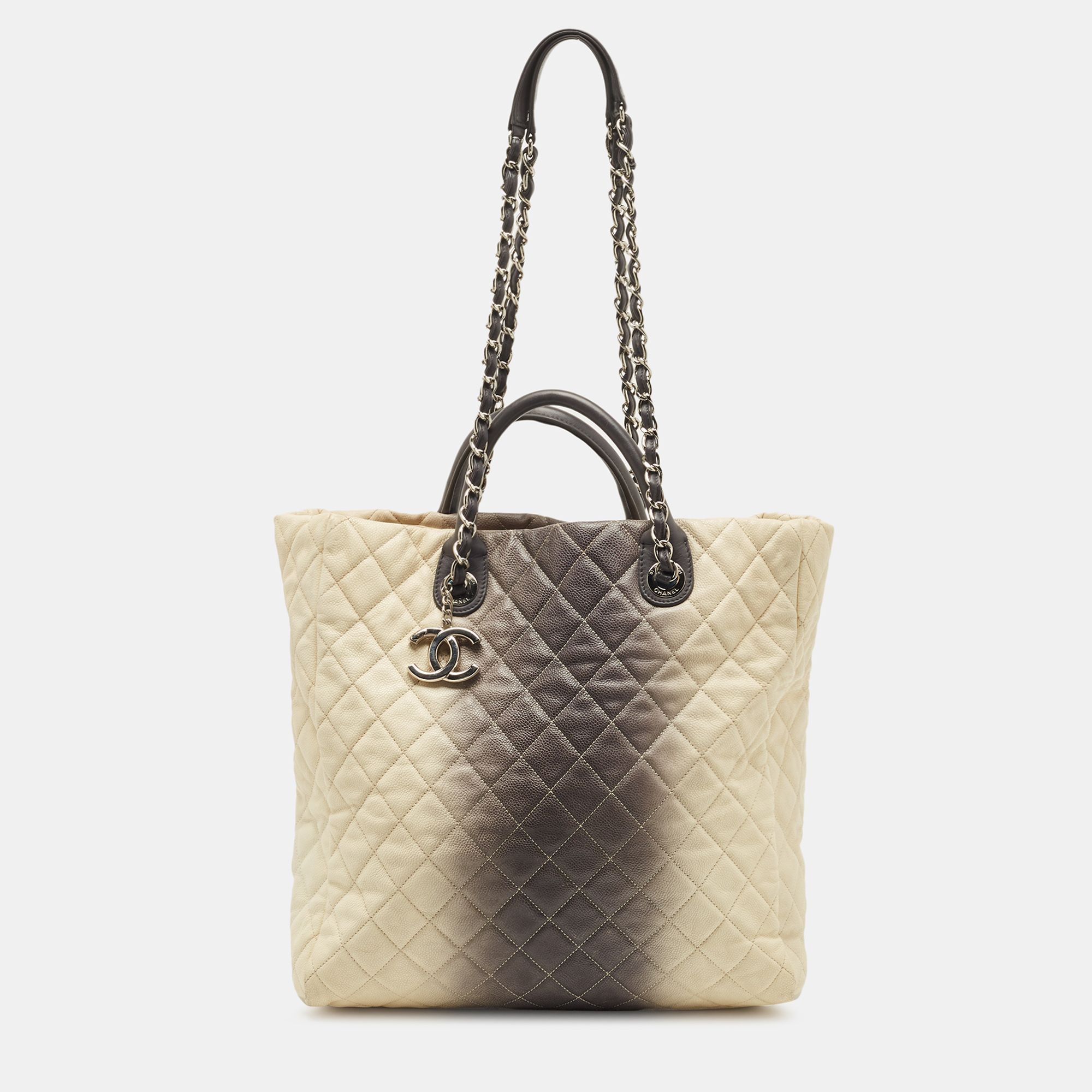 Pre Owned Chanel Cream/Dark Grey Ombre Quilted Caviar Leather Large Shopper Tote