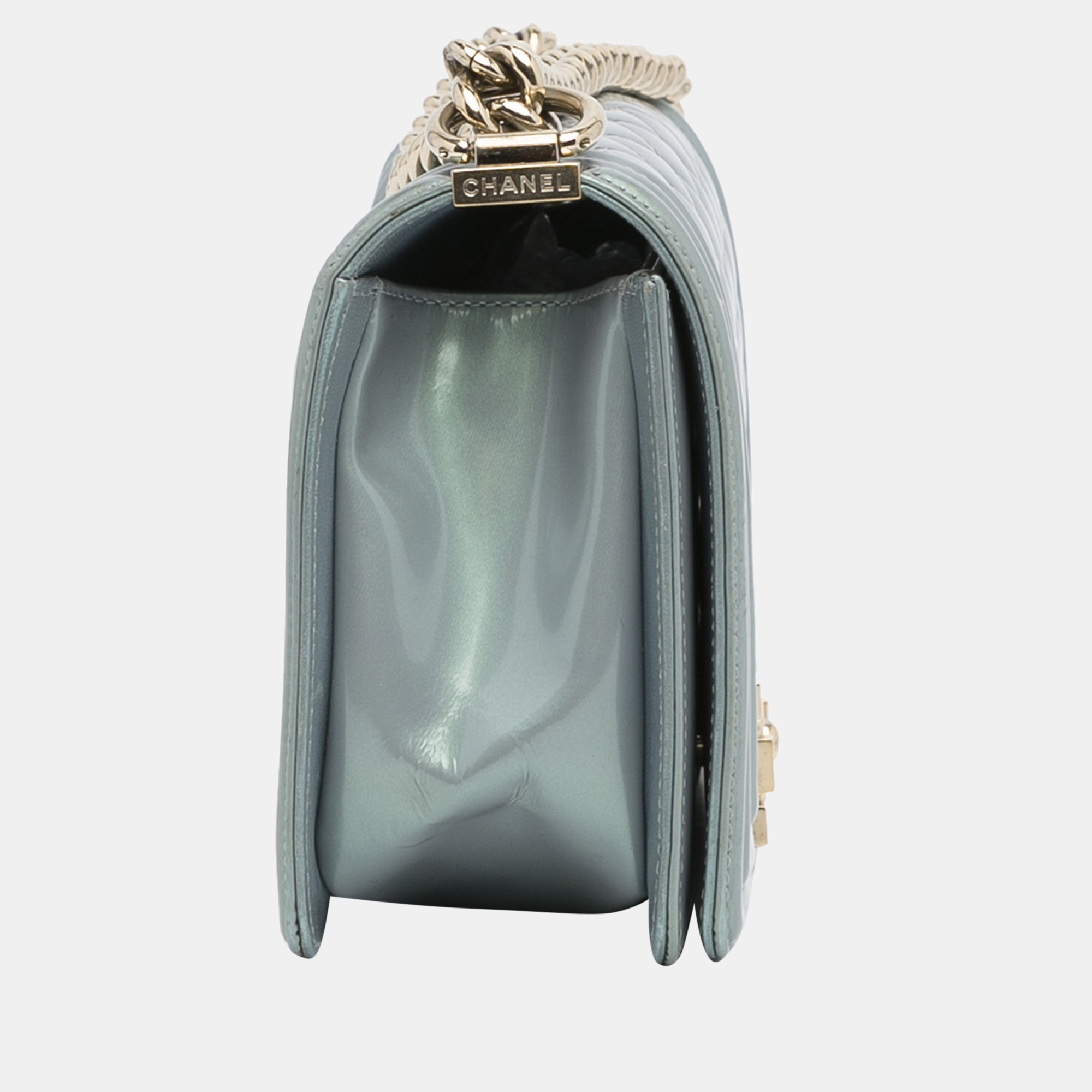 

Chanel Blue Medium Iridescent Patent Boy Flap