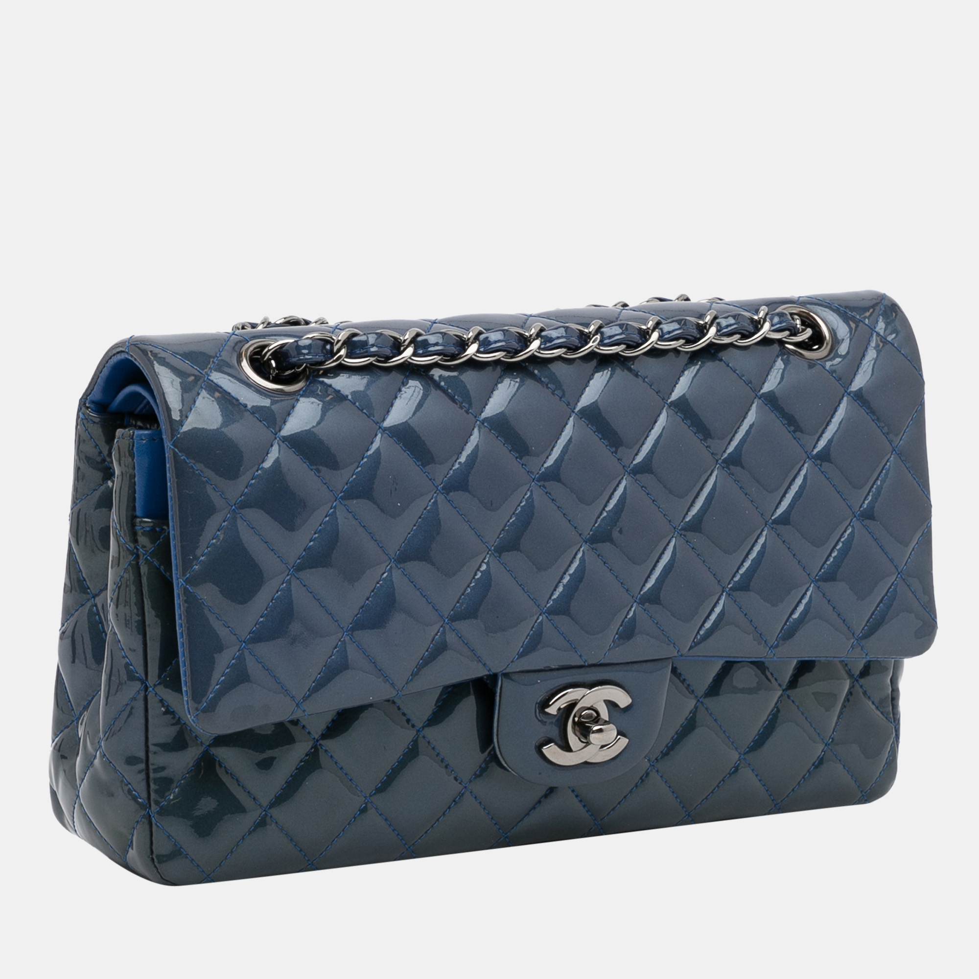 

Chanel Blue Classic Medium Patent Leather Double Flap Bag