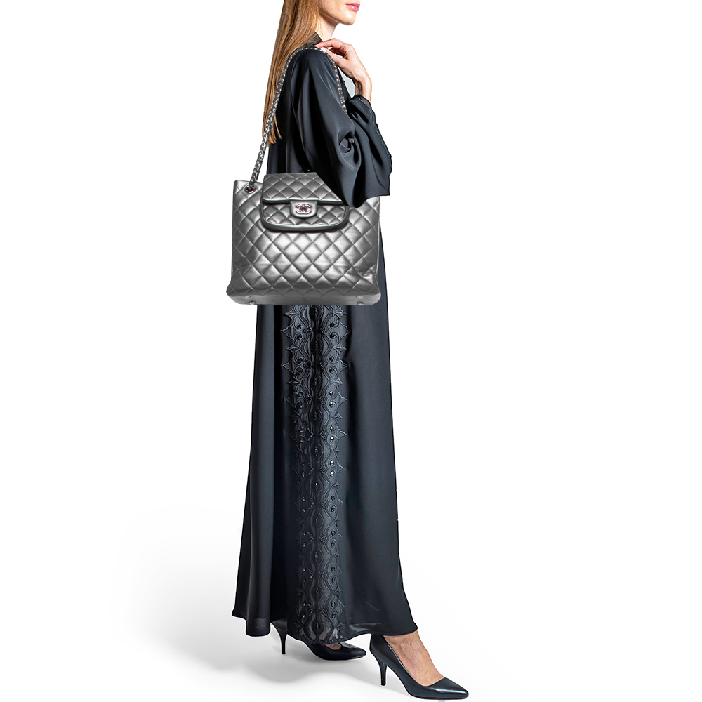 

Chanel Dark Grey Quilted Leather Front Flap Pocket Tote