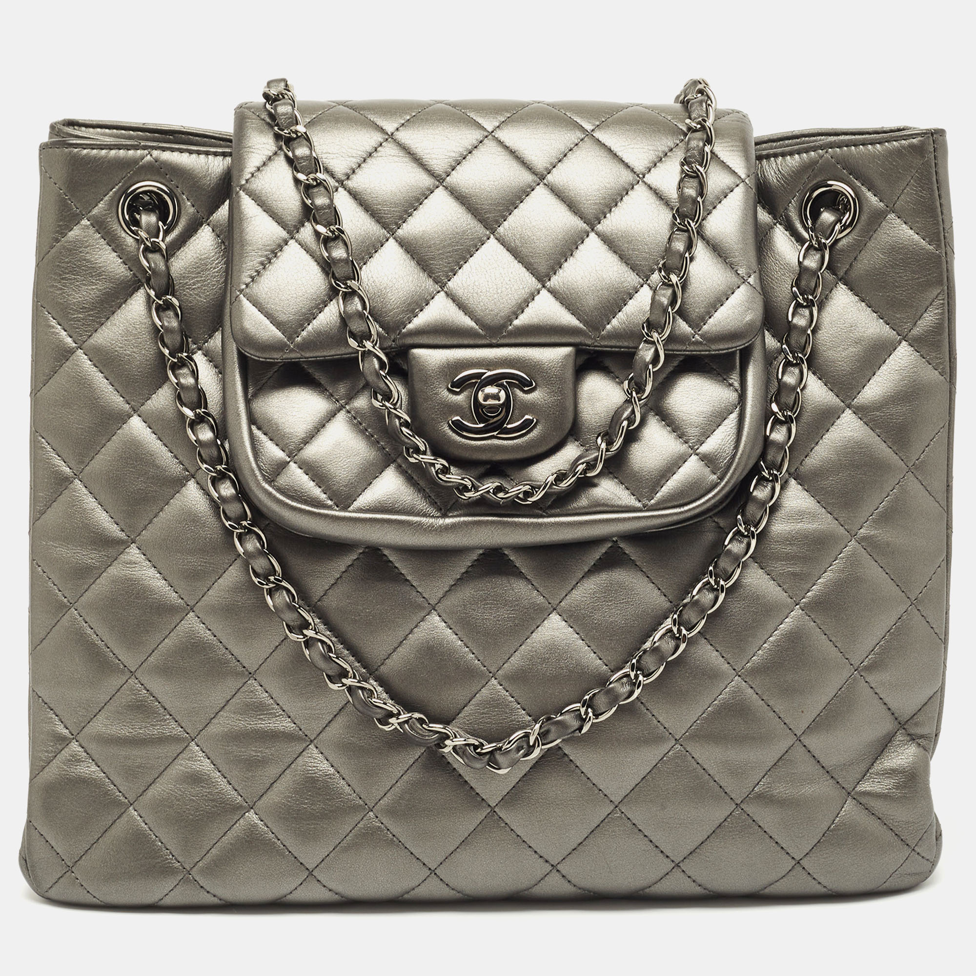 Pre-owned Chanel Dark Grey Quilted Leather Front Flap Pocket Tote