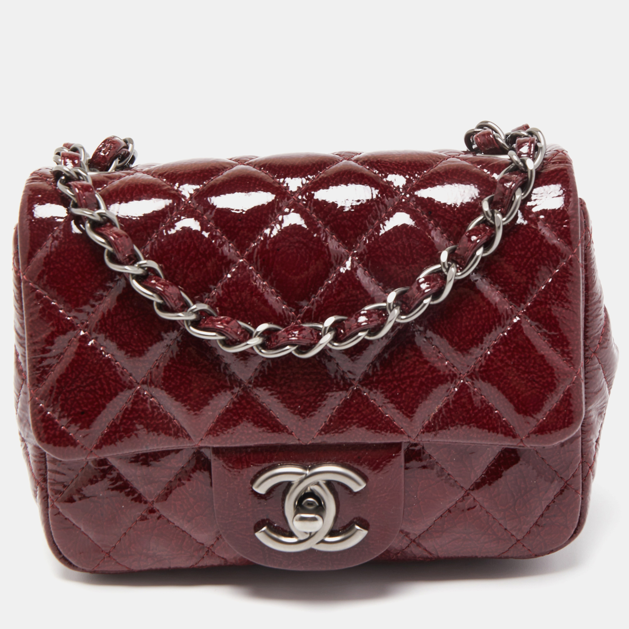 

Chanel Red Quilted Patent Leather Mini Square Classic Flap Bag