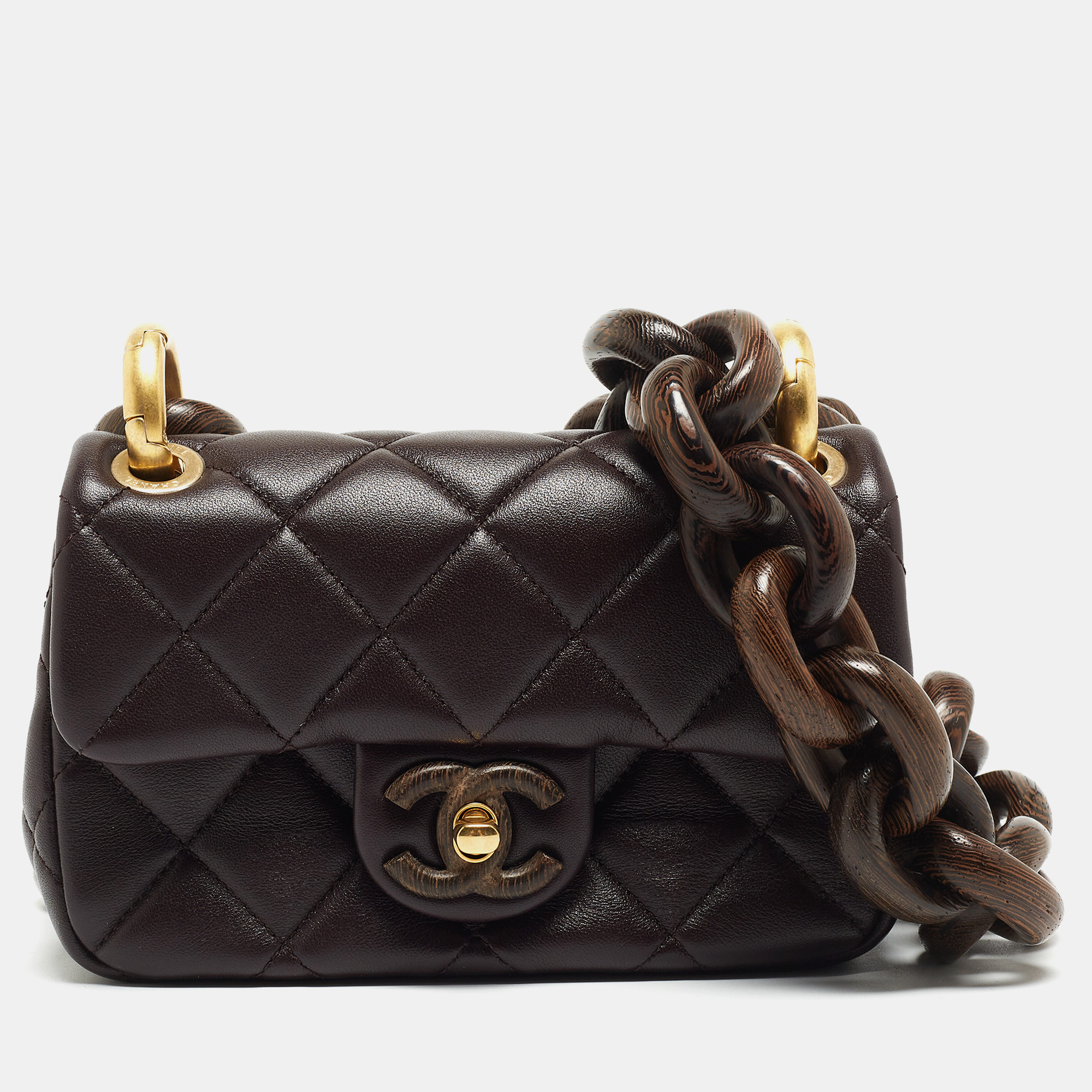 Chanel Burgundy Quilted Leather and Wood Mini Flap Bag 