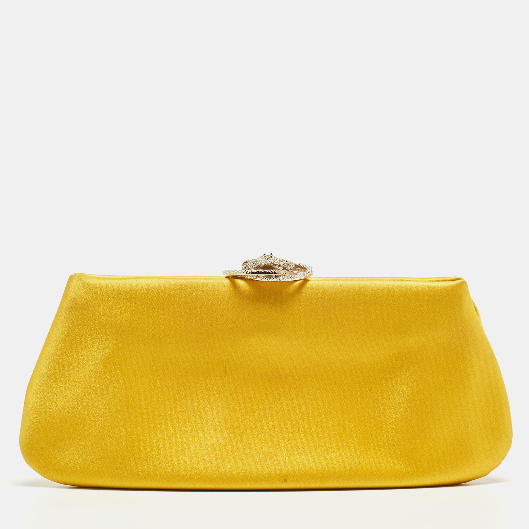 Pre Owned Chanel Yellow Satin Crystals Embellished CC Camellia Frame Clutch