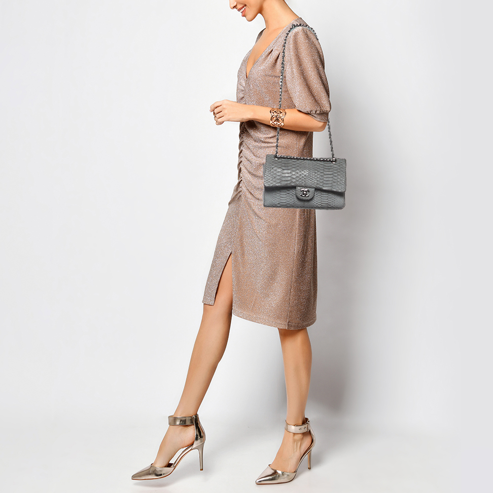 

Chanel Grey Python  Classic Double Flap Bag
