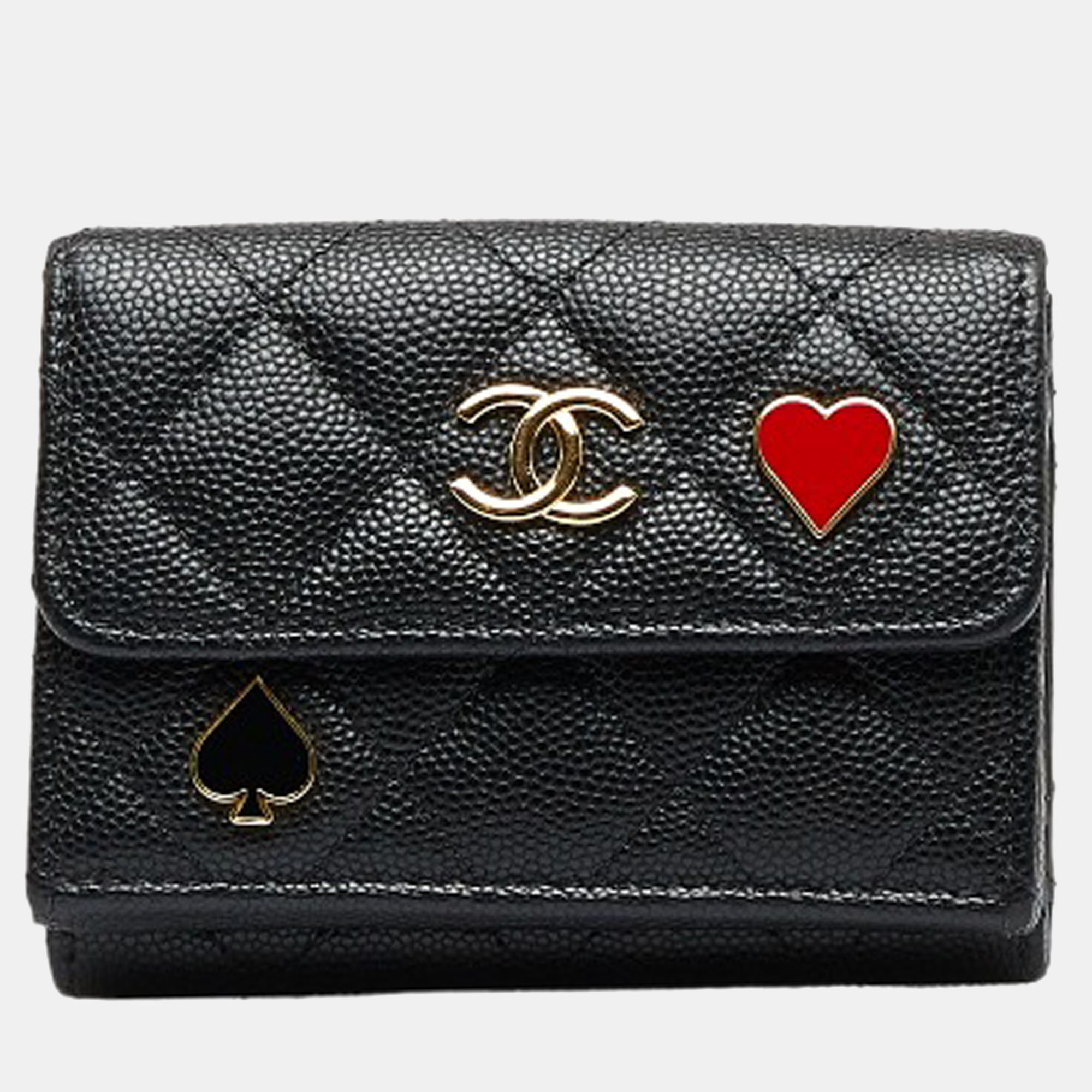Pre-owned Chanel Black Caviar Leather Quilted Compact Heart Space Cc Wallet