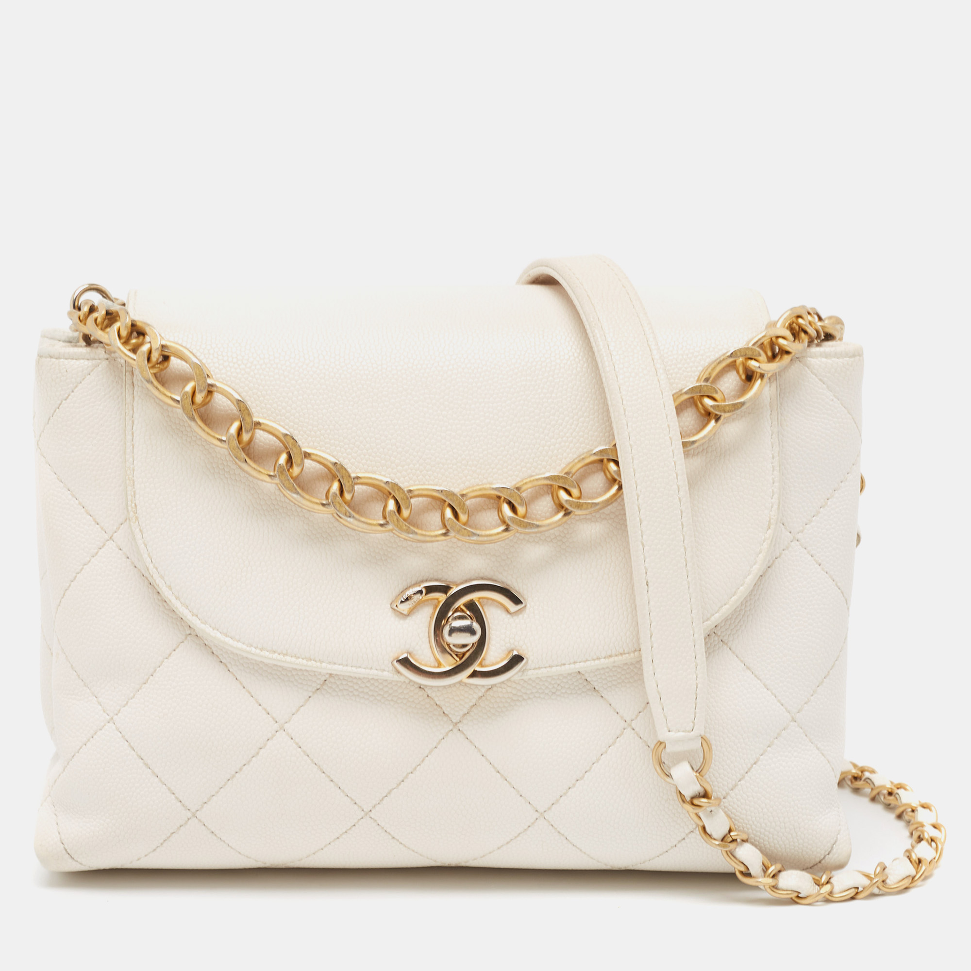 Pre Owned Chanel White Quilted Leather CC Shoulder Bag