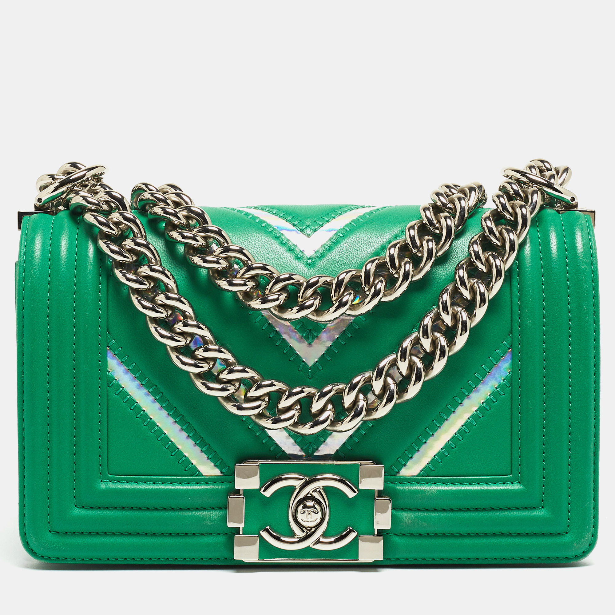 Pre-owned Chanel Green Small Iridescent Chevron Boy Bag
