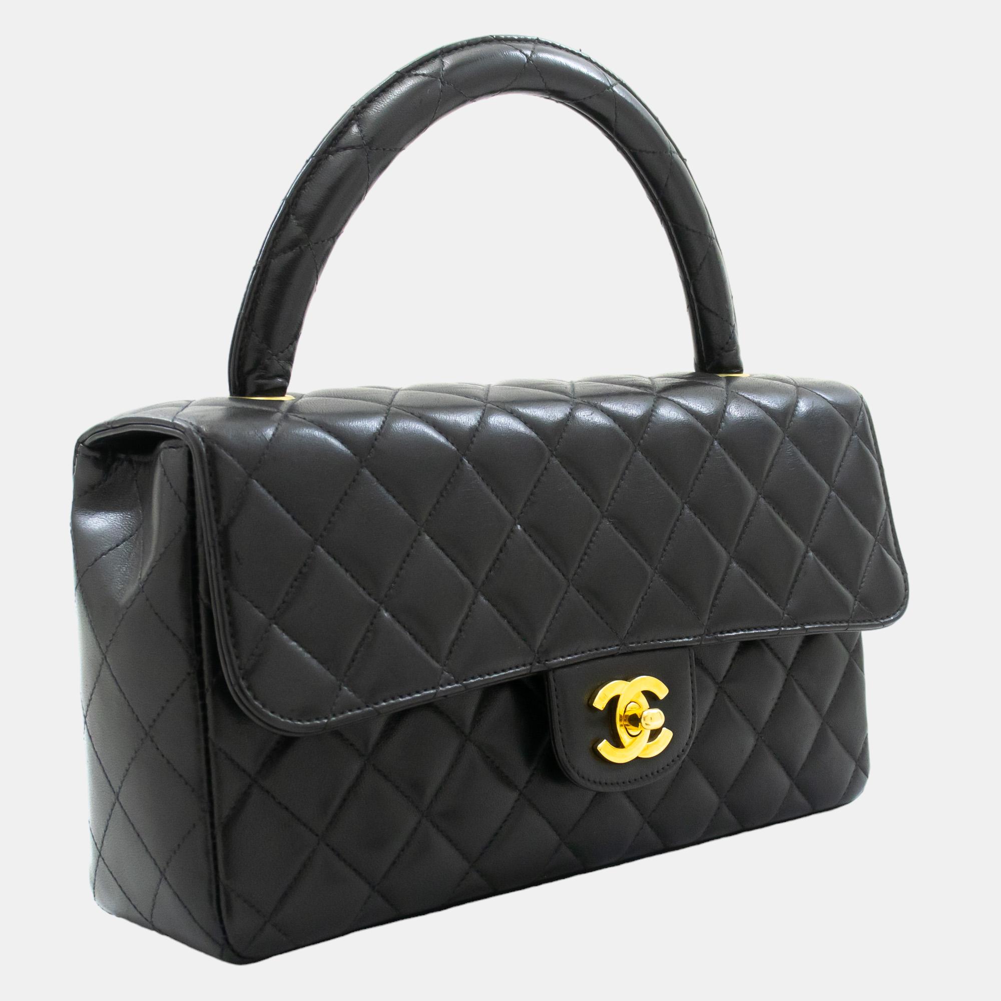 

Chanel Black Lambskin Leather Vintage Kelly Top Handle Bag