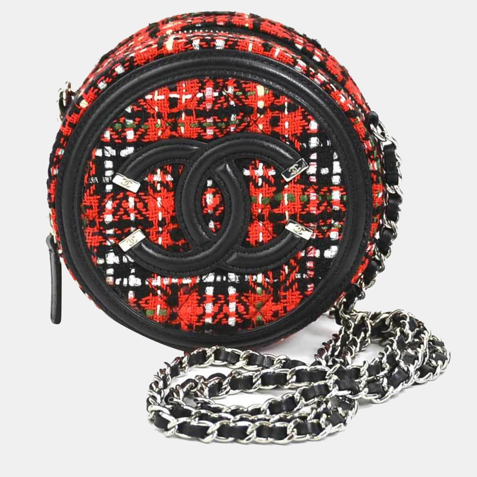Pre-owned Chanel Black/red Leather Tweed Mini Filigree Chain Shoulder Bag