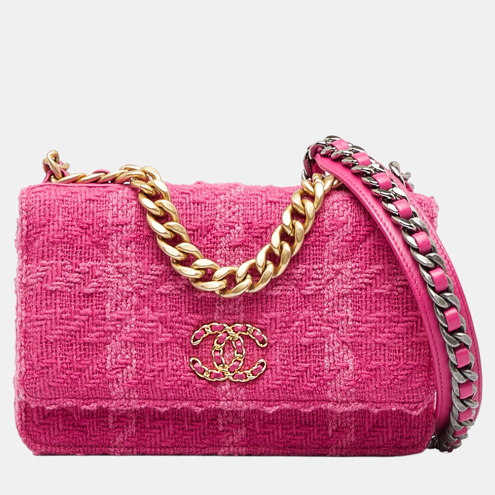 Pre-owned Chanel Pink Tweed 19 Wallet On Chain