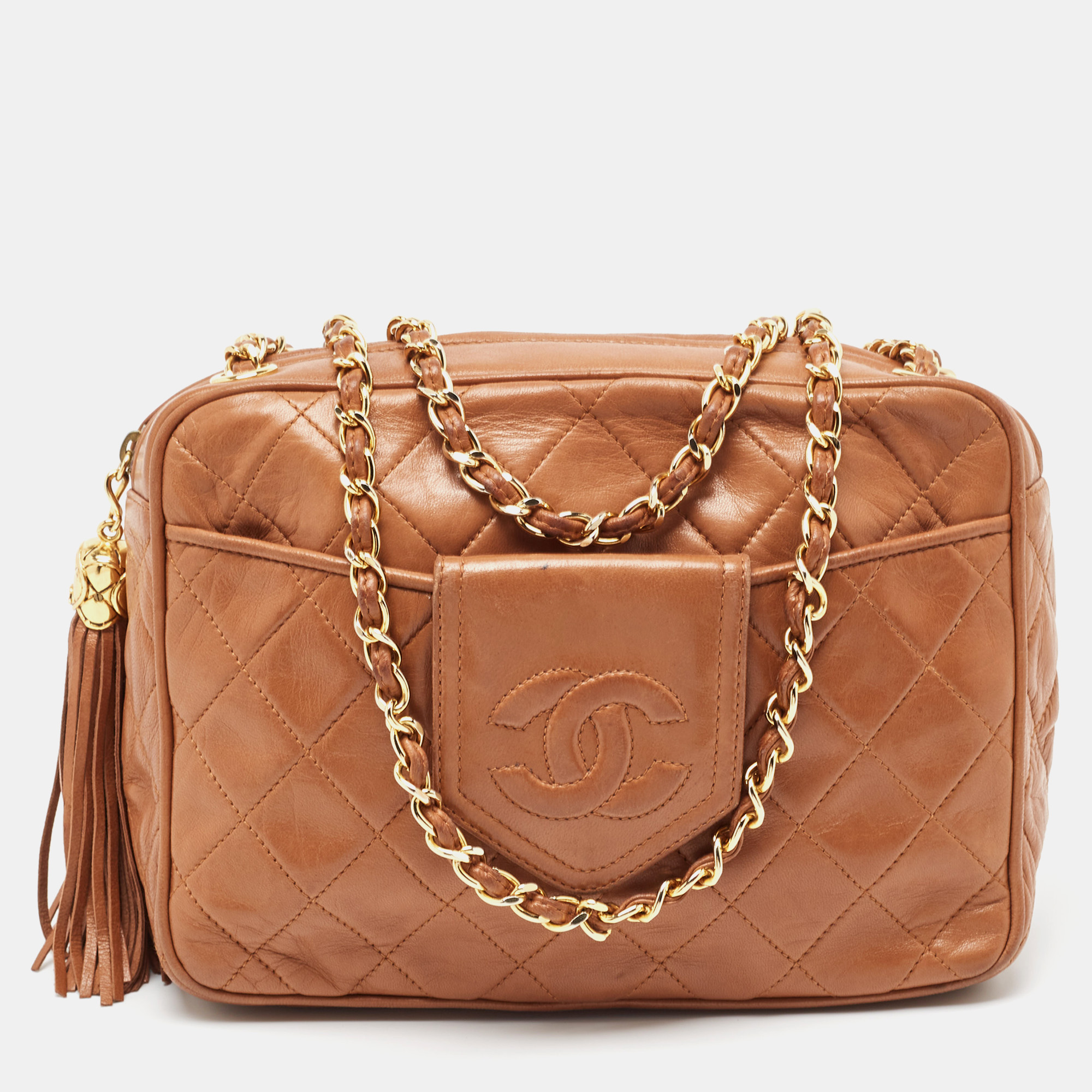 Pre Owned Chanel Brown Quilted Leather CC Pocket Tassel Camera Bag