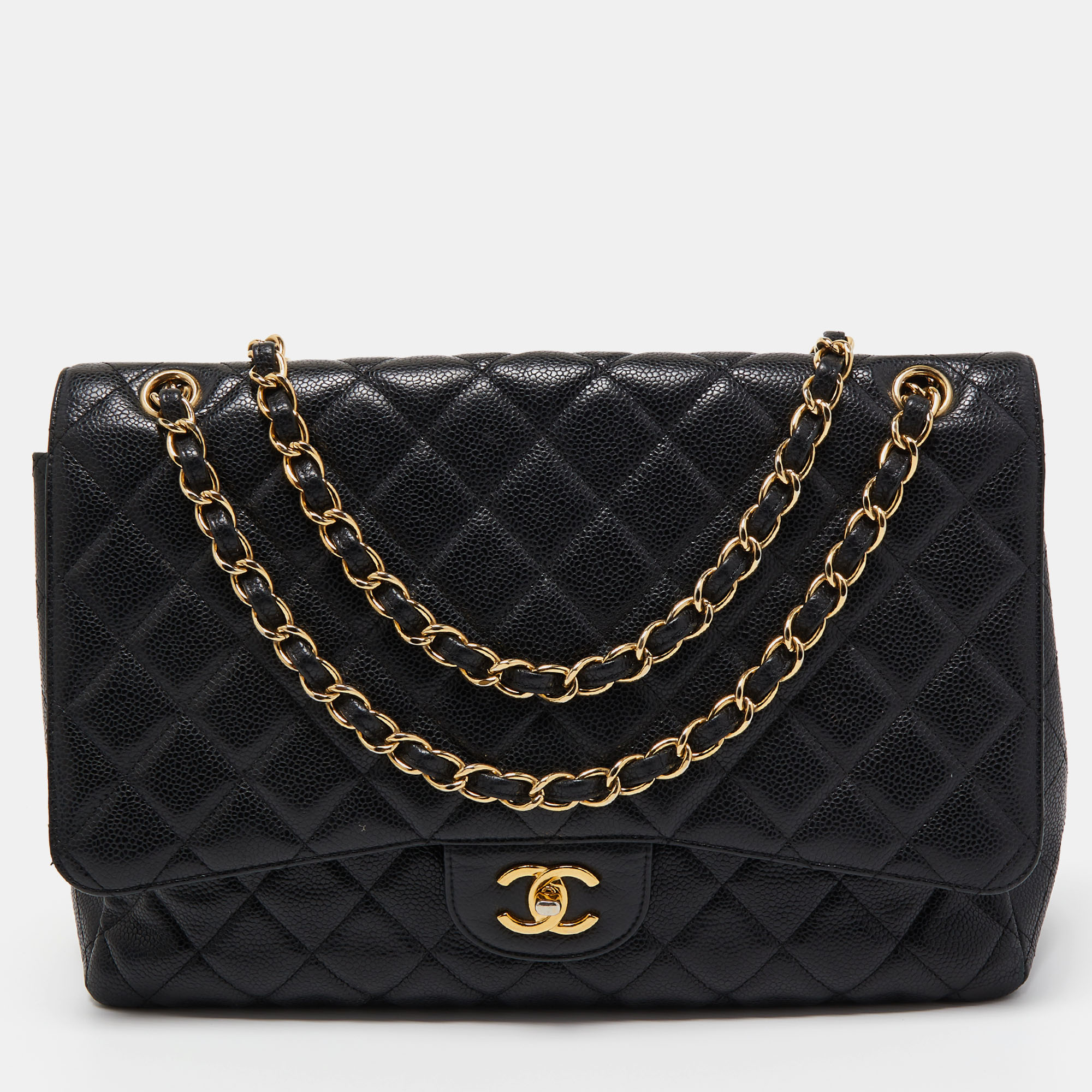 

Chanel Black Quilted Caviar Leather Maxi Classic Single Flap Bag