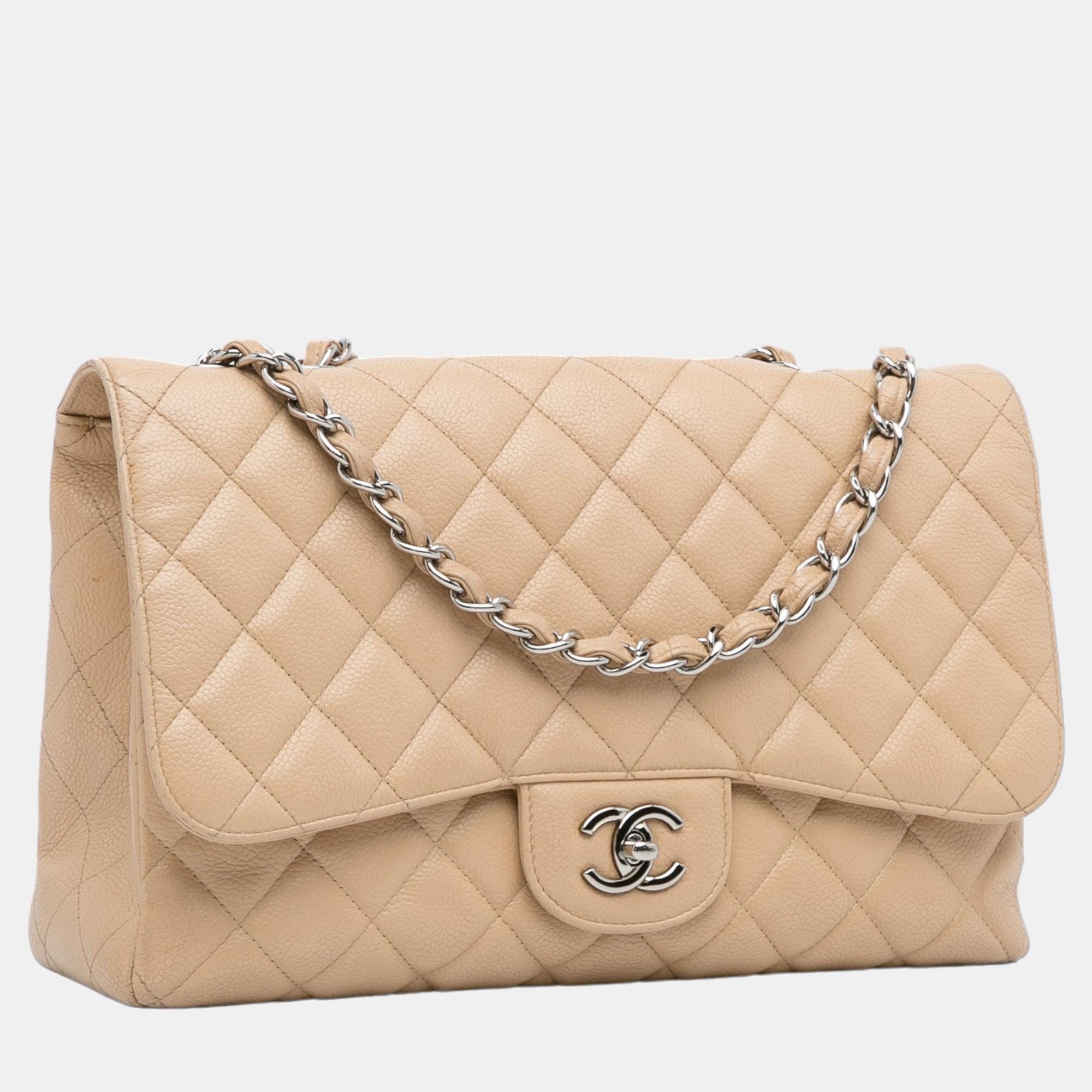 

Chanel Beige Jumbo Classic Caviar Single Flap Bag