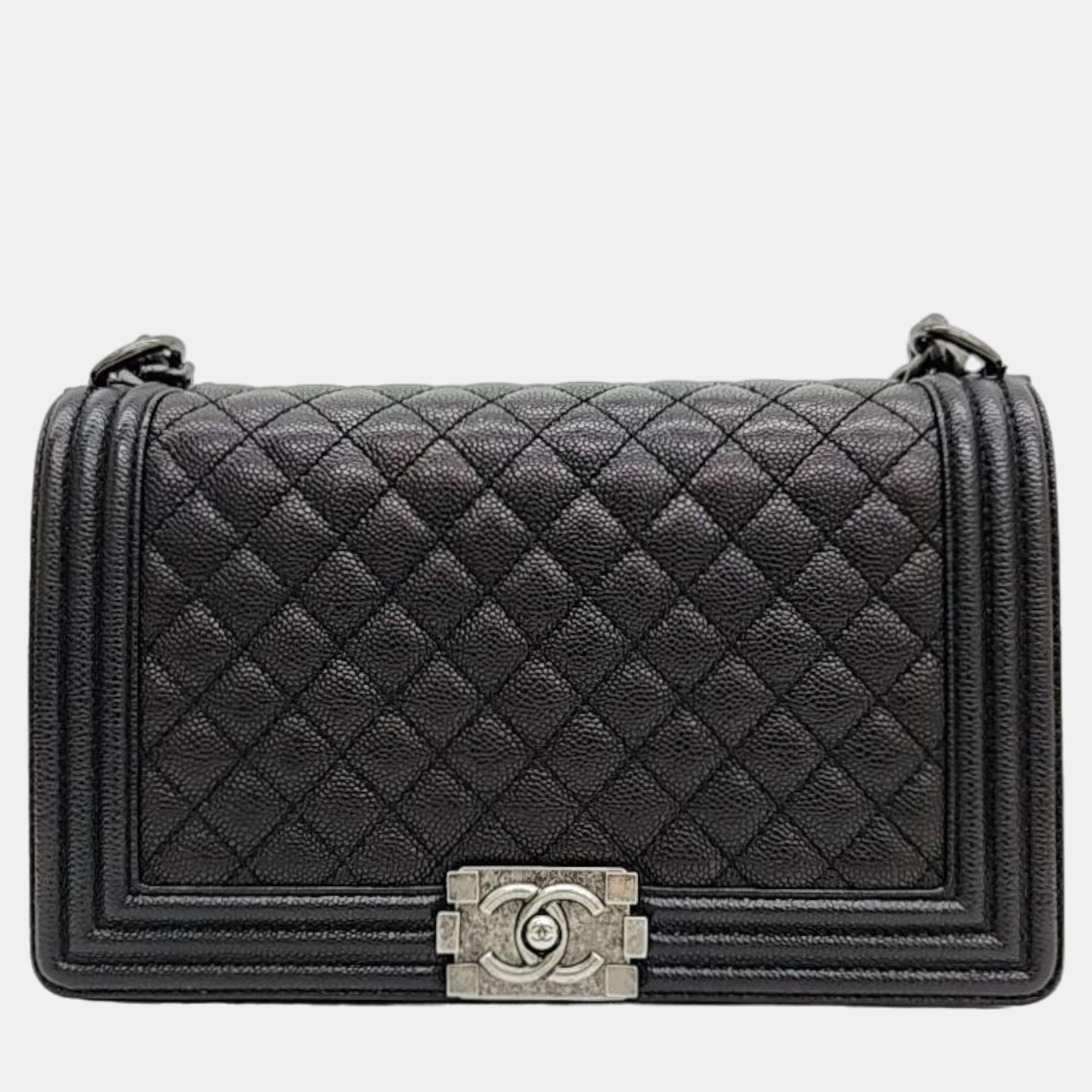 CHANEL Vintage CC Logo Caviar Leather Shopper Bag Black
