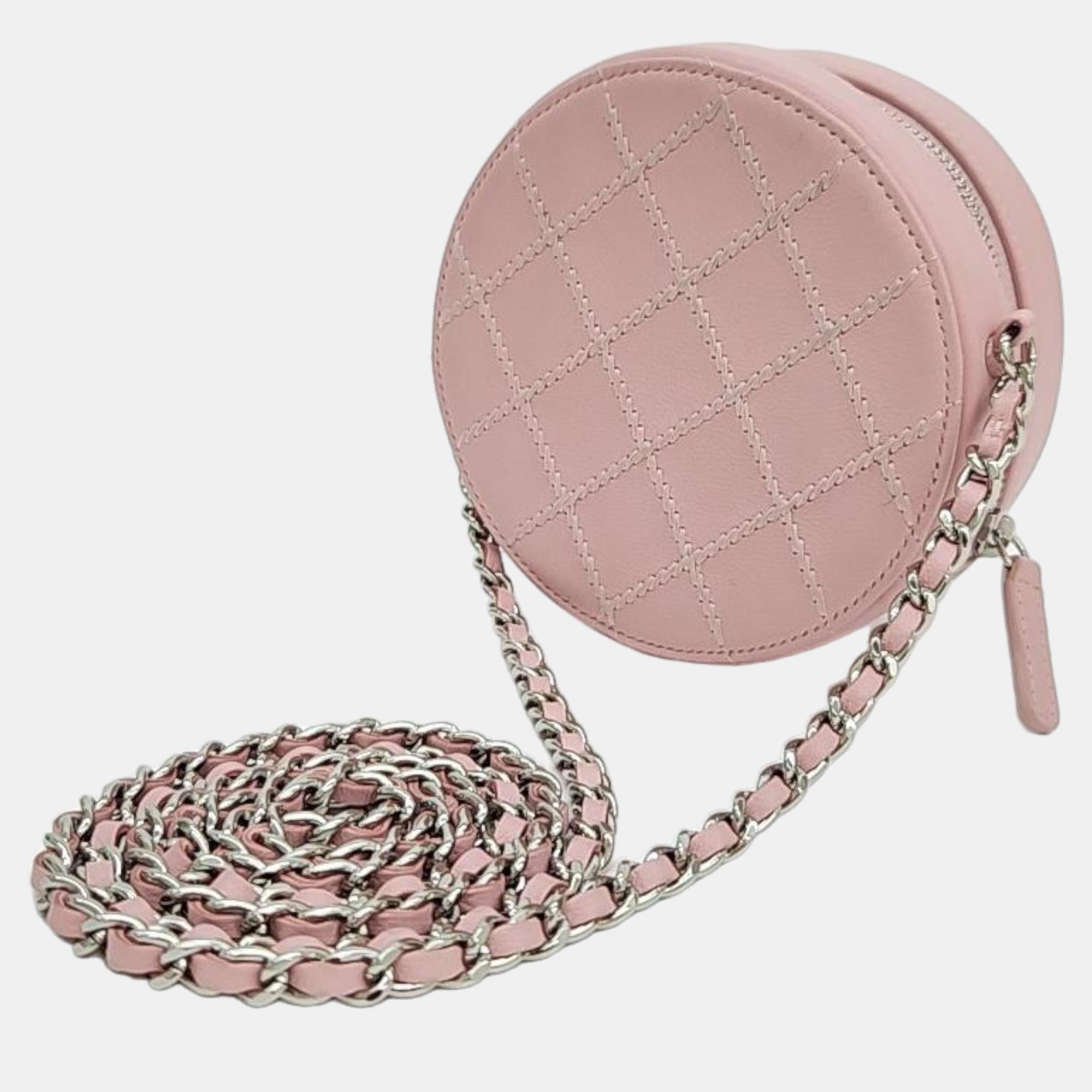 

Chanel Pink Stitched Round Mini Cross Bag