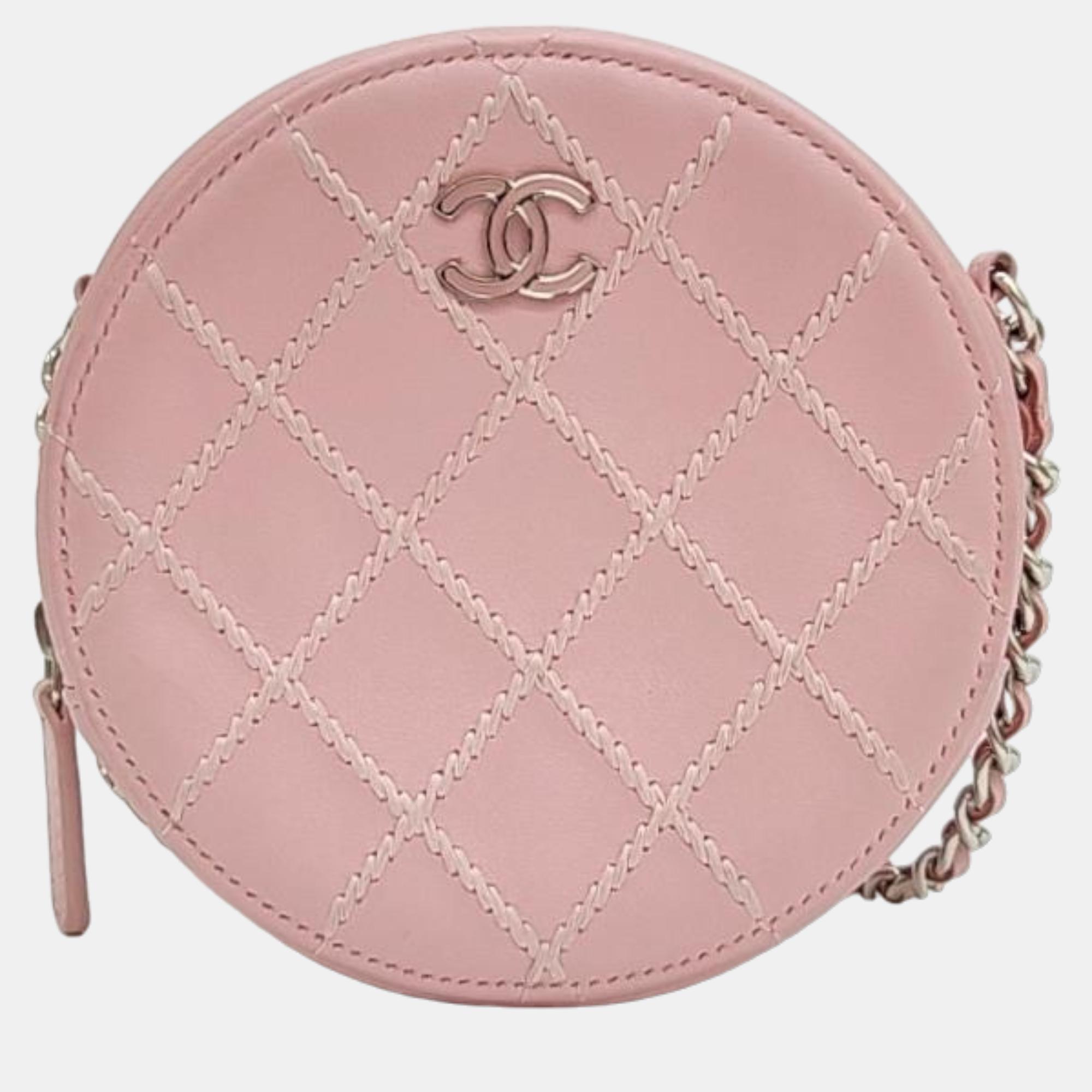 Pre-owned Chanel Pink Stitched Round Mini Cross Bag
