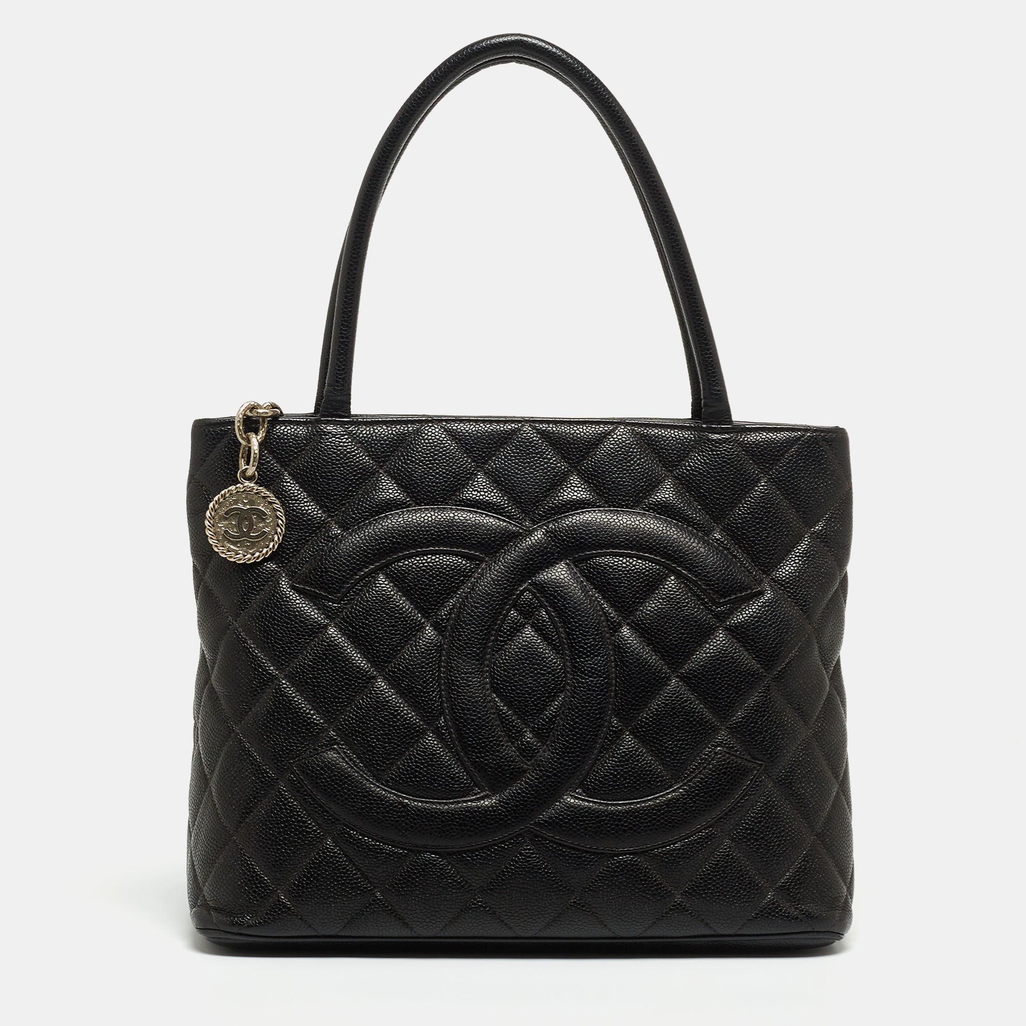 Pre Owned Chanel Black Caviar Leather Medallion Tote Bag
