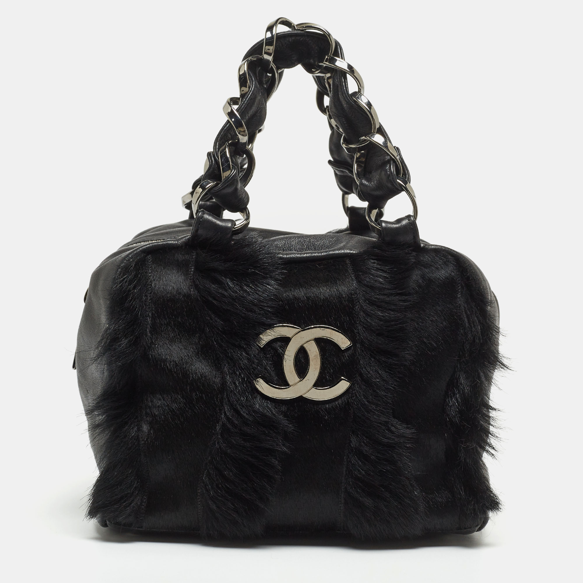 Pre-owned Chanel Black Leather And Calf Hair Boston Bag