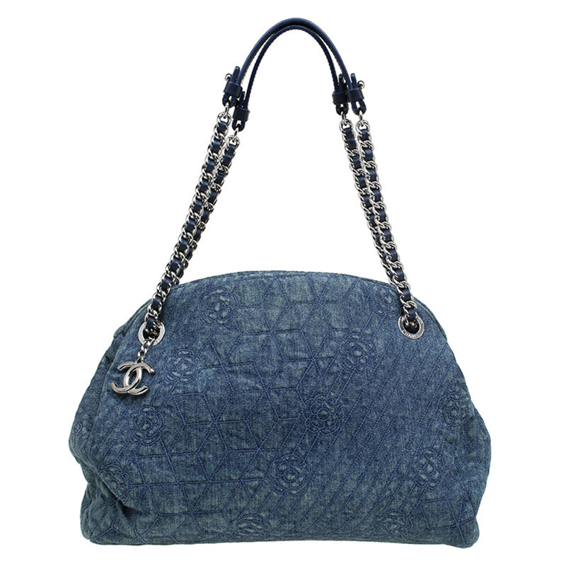 Pre Owned Chanel Blue Camellia Embroidered Denim Large Just Mademoiselle Bowling Bag