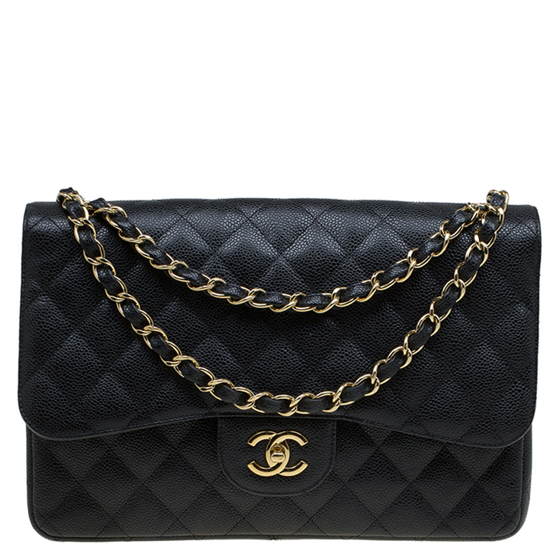 Pre Owned حقيبة شانيل قلاب مزدوج كلاسيكية كبيرة جلد كافيار مبطنة سوداء