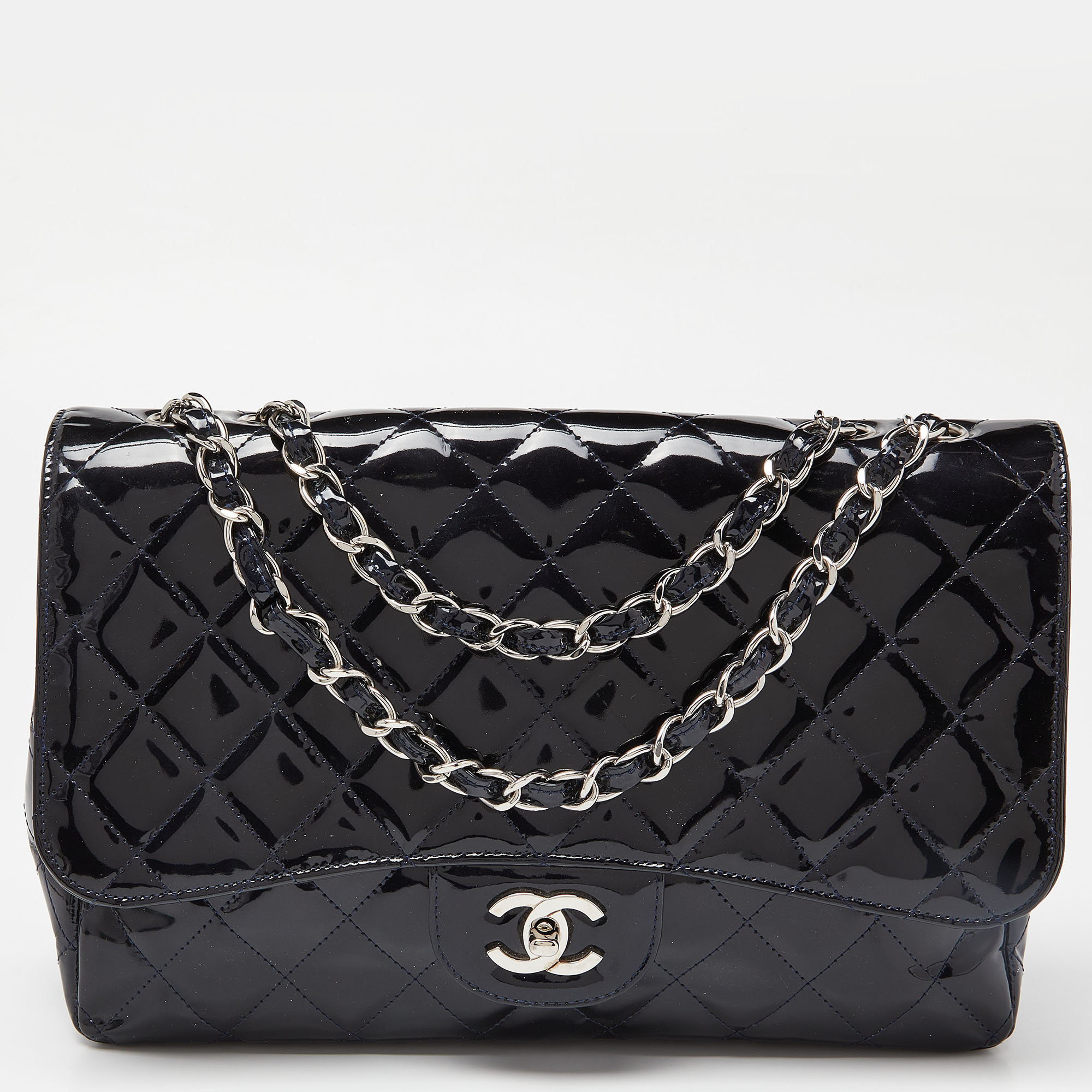 

Chanel Dark Blue Quilted Patent Leather Jumbo Classic Single Flap Bag