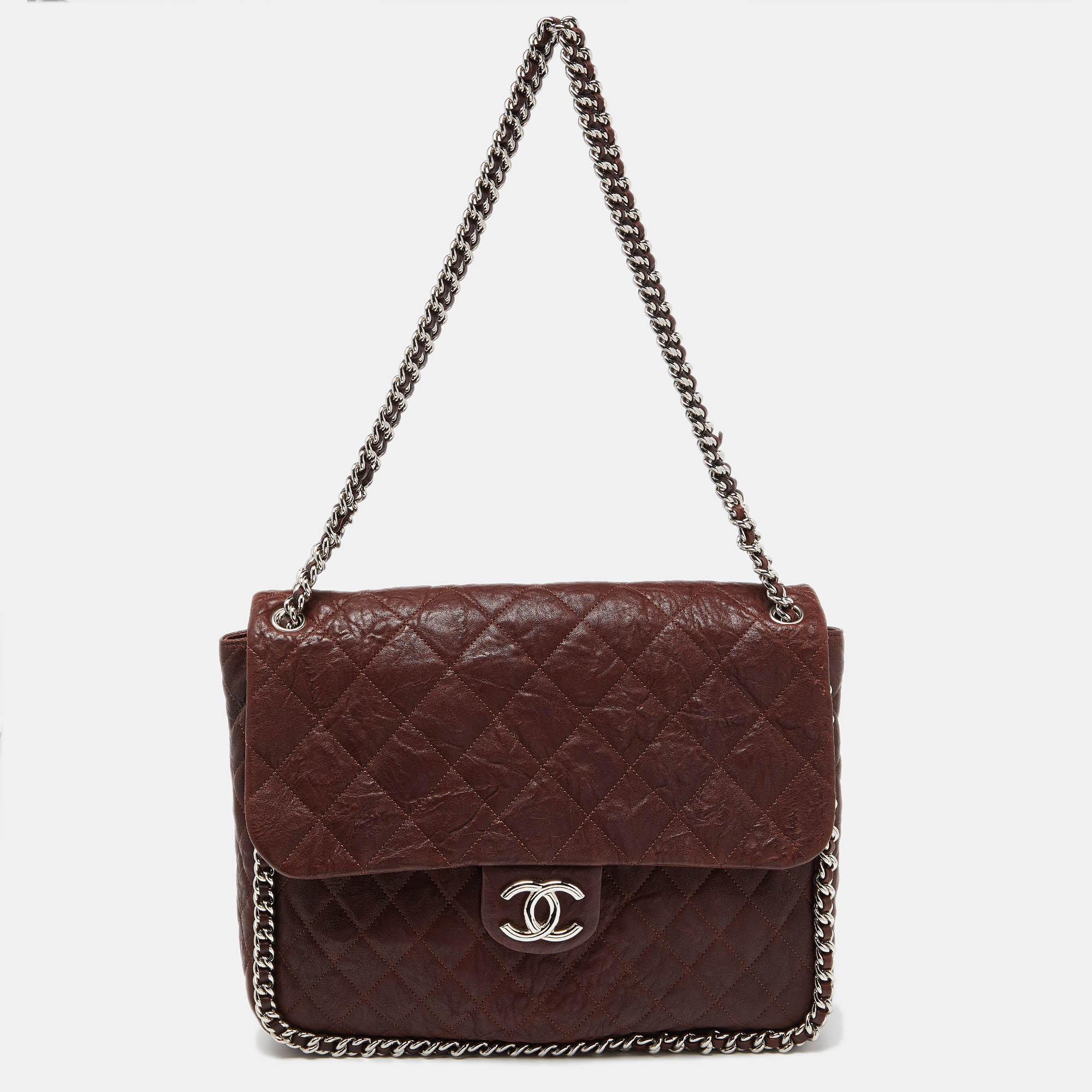 Pre-owned Chanel Burgundy Quilted Leather Maxi Chain Around Flap Bag