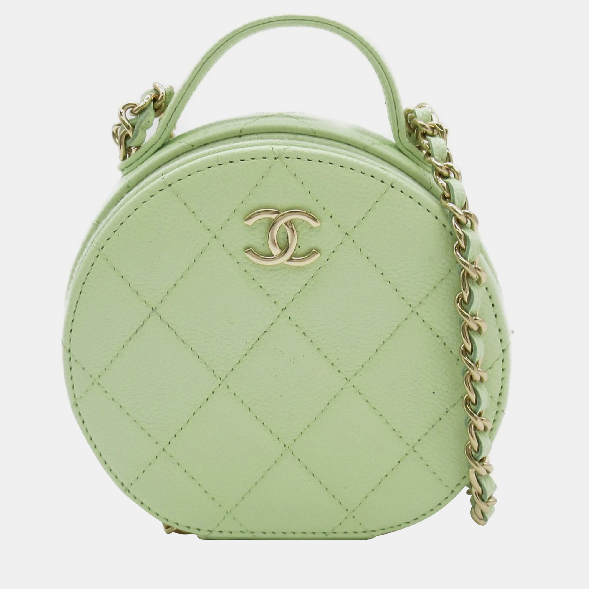 Pre-owned Chanel Mini Caviar Round Vanity Bag In Green
