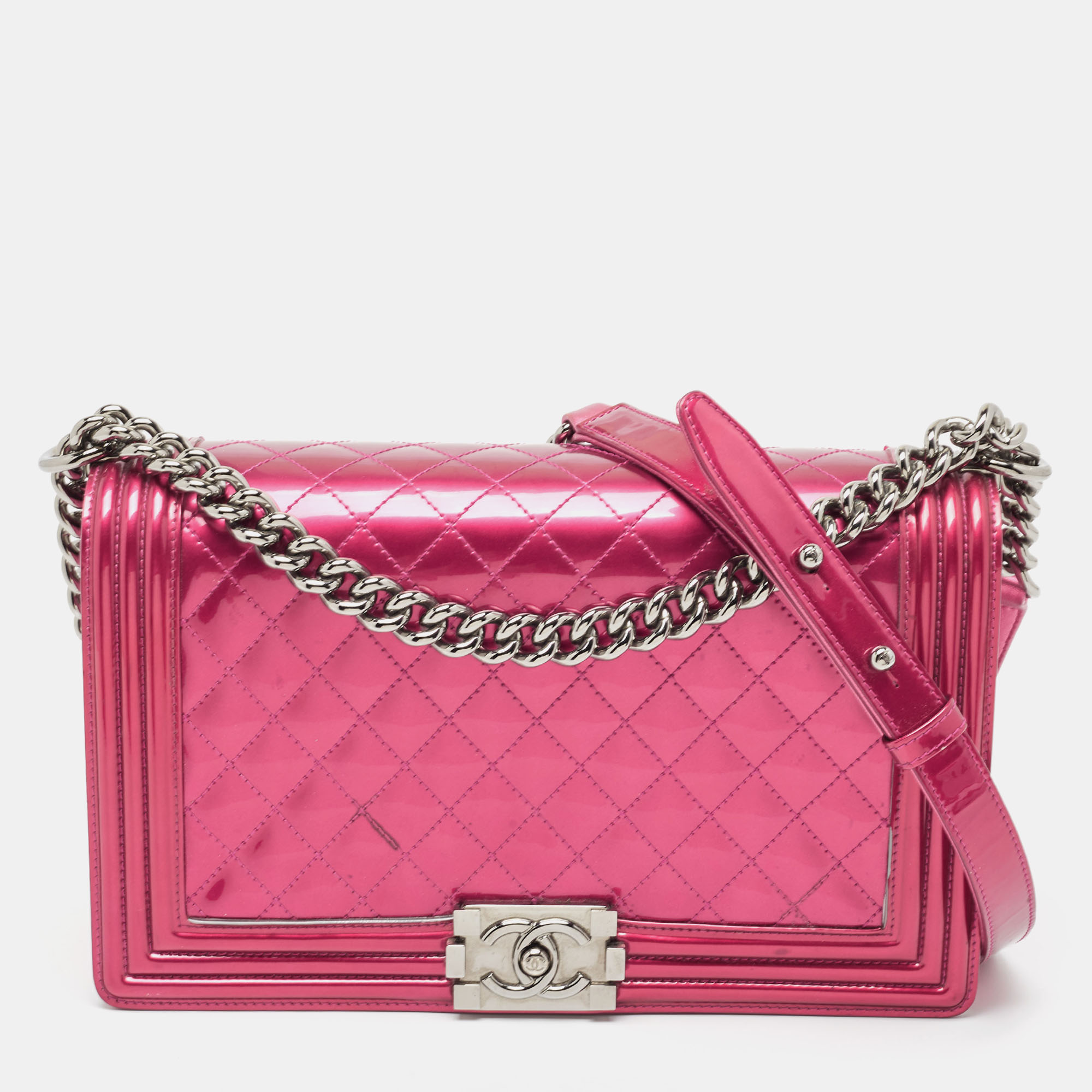 Pre-owned Chanel Pink Quilted Patent Leather New Medium Boy Flap Bag