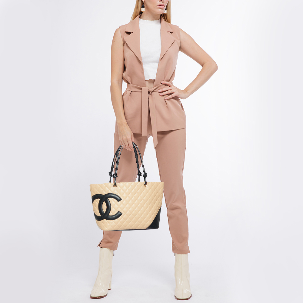 

Chanel Beige/Black Quilted Leather  Ligne Cambon Tote