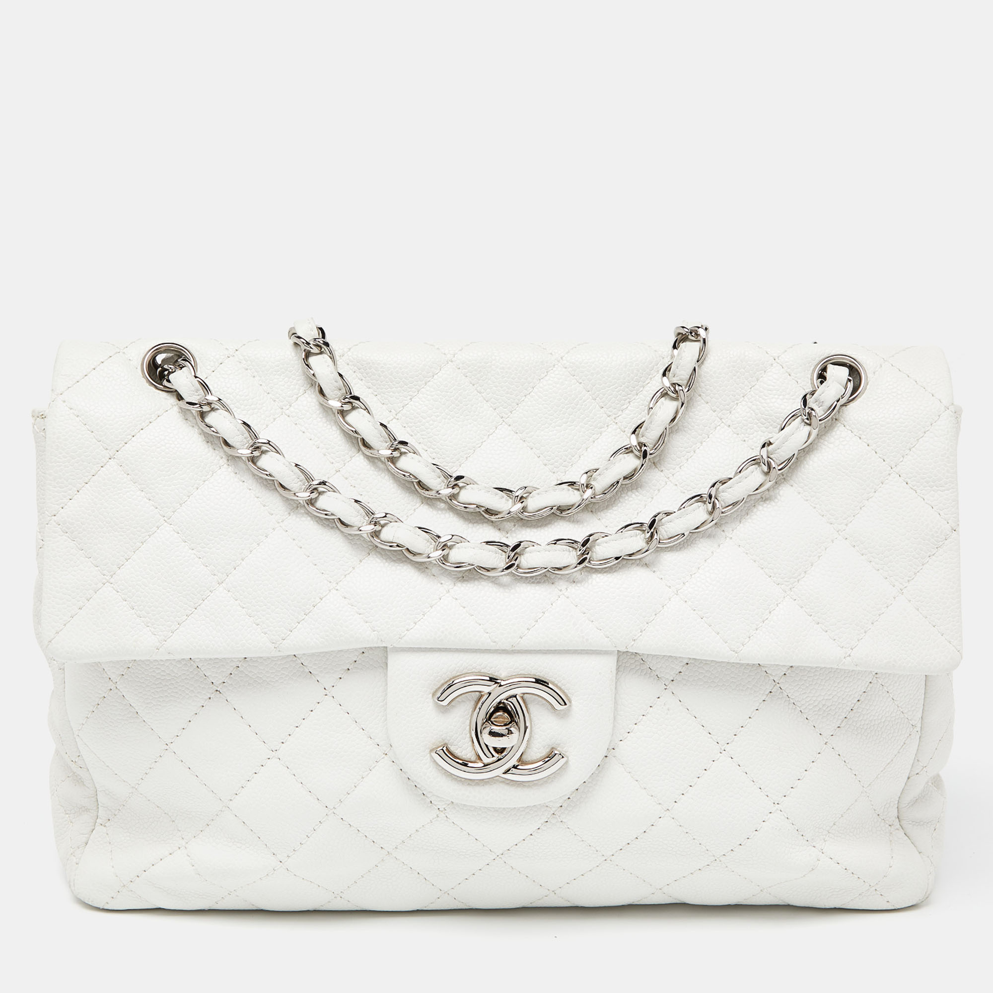 Chanel White Quilted Soft Caviar Leather Maxi Classic Single Flap