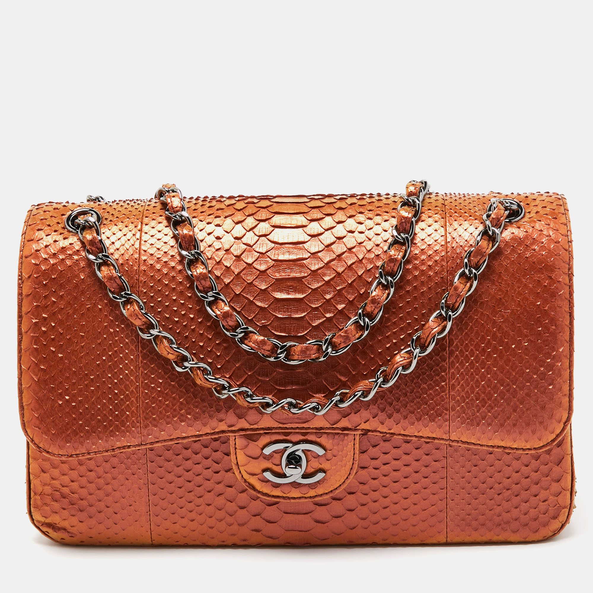 مملوكة مسبقًا Chanel Metallic Orange Python Jumbo Classic Double Flap Bag