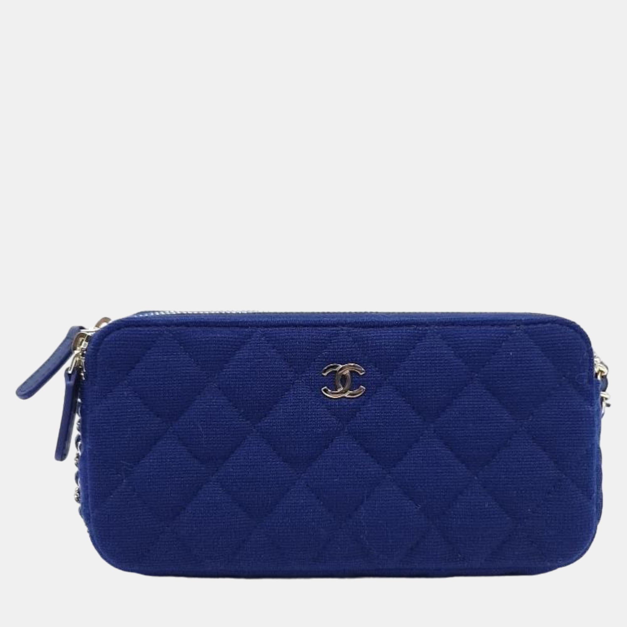 

Chanel Blue Canvas CC Double Zip Clutch on Chain