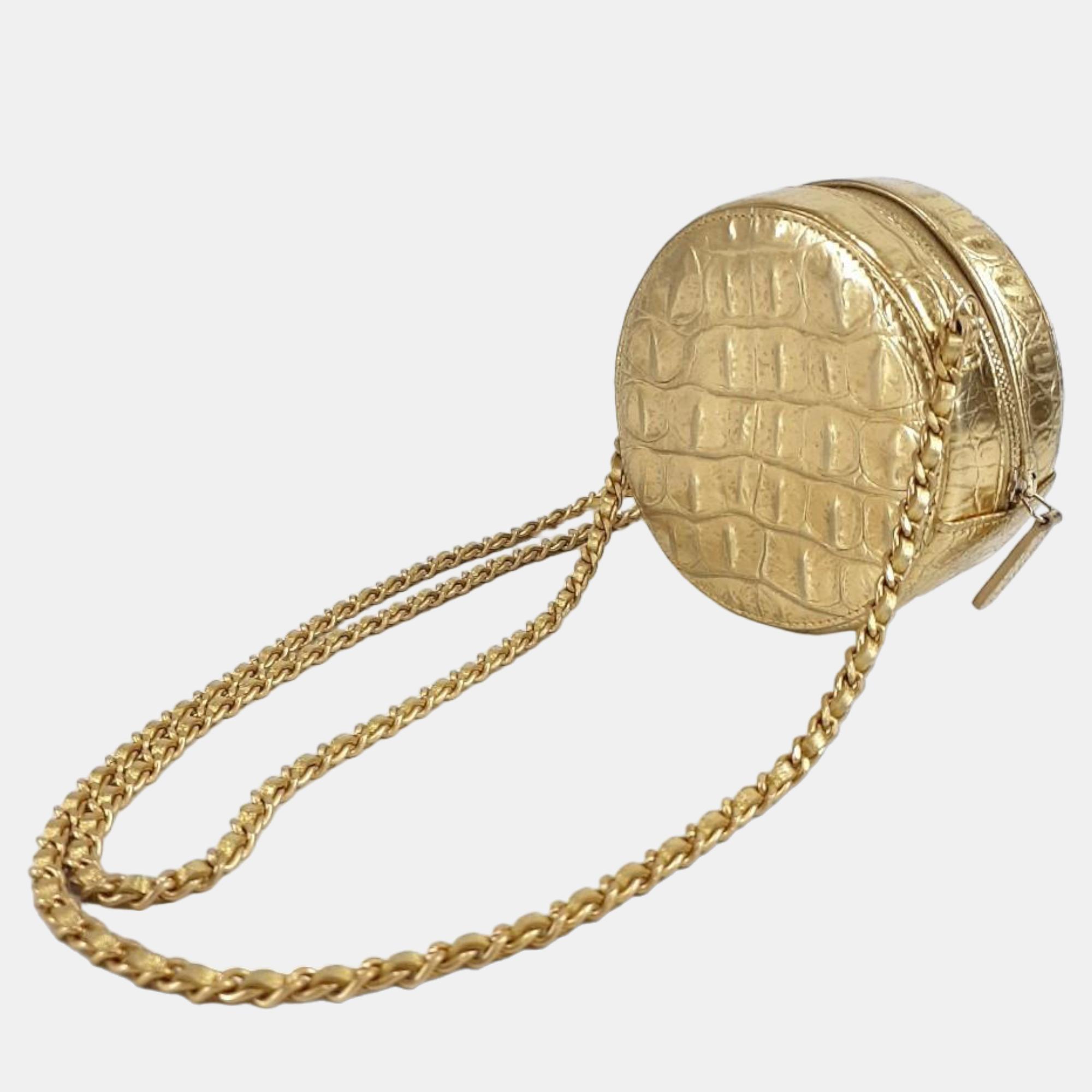

Chanel Gold Leather Paris-New York Coco Croc Round Crossbody Bag