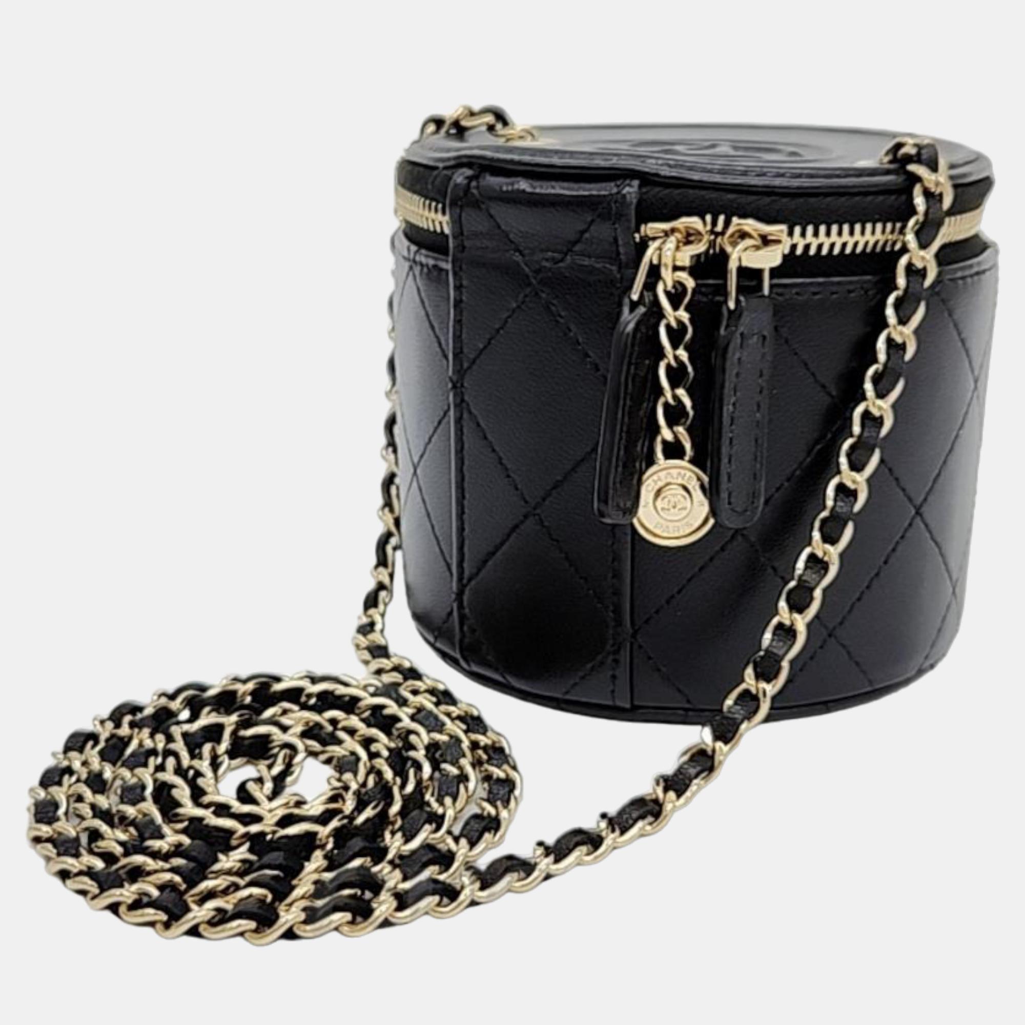 

Chanel Black Leather Mini Round Vanity Case Shoulder Bag