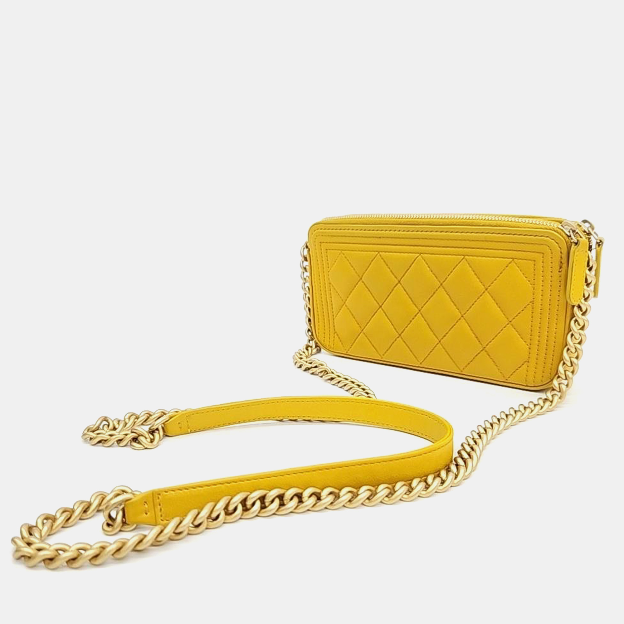 

Chanel Yellow Leather Double Zip Boy Chain Clutch Bag