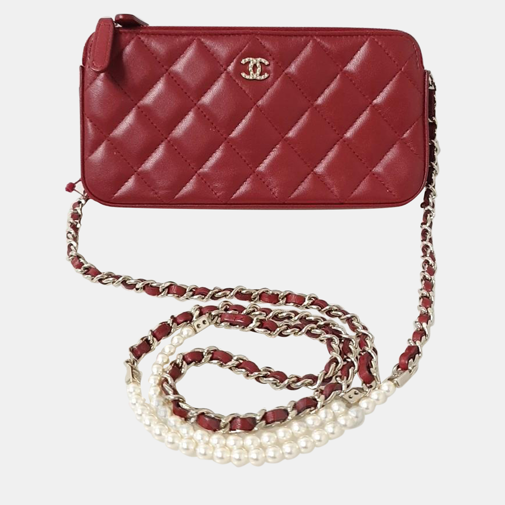 

Chanel Red Leather CC Quilted Double Zip Wallet On Chain